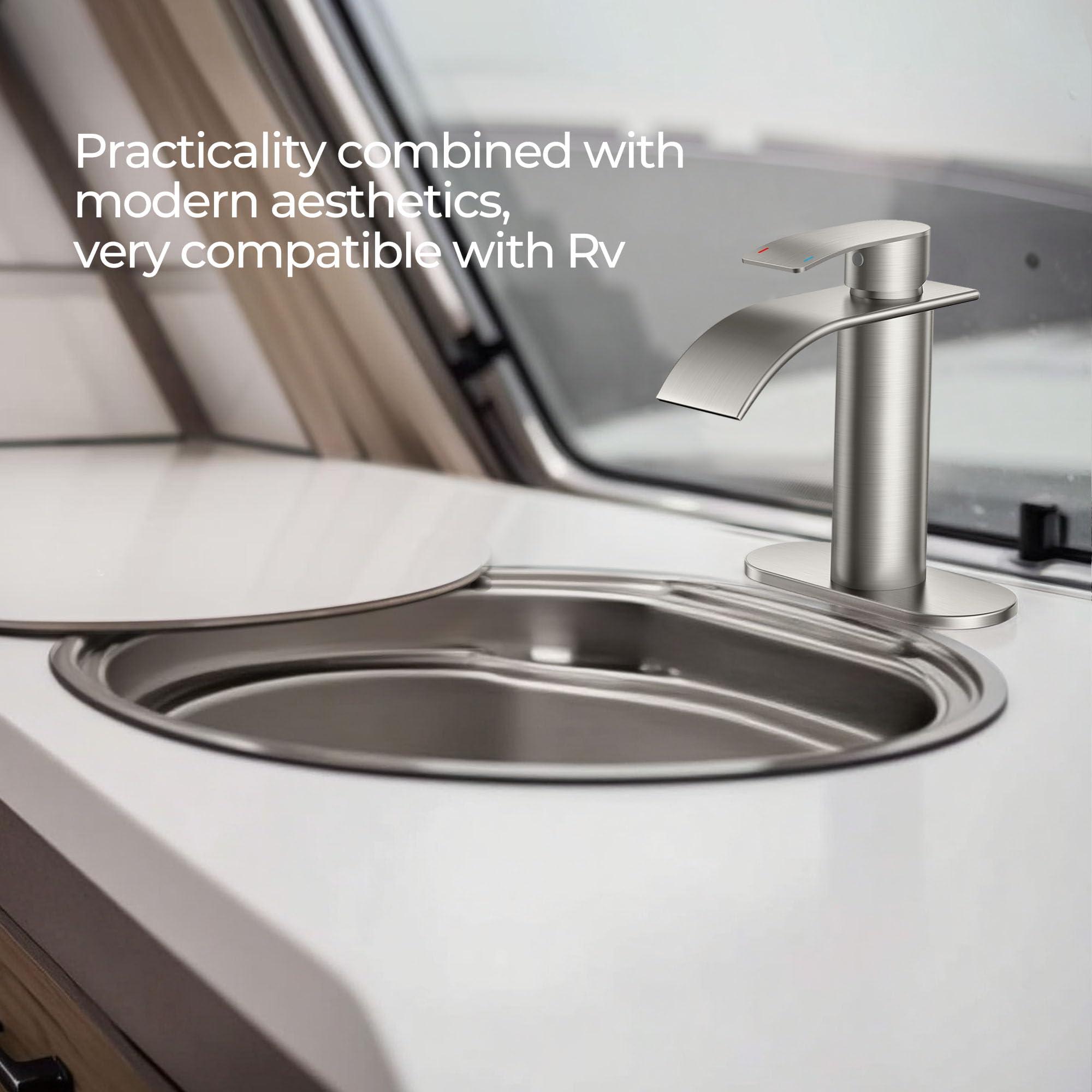 FORIOUS Waterfall Bathroom Faucet 1 Hole, Brushed Nickel Single Handle Bathroom Sink Faucets for 1 or 3 Hole with Deck Plate, Metal Pop up Drain, cUPC Hoses for Vanity, Basin, Rv, Lavatory Sink - Image 6