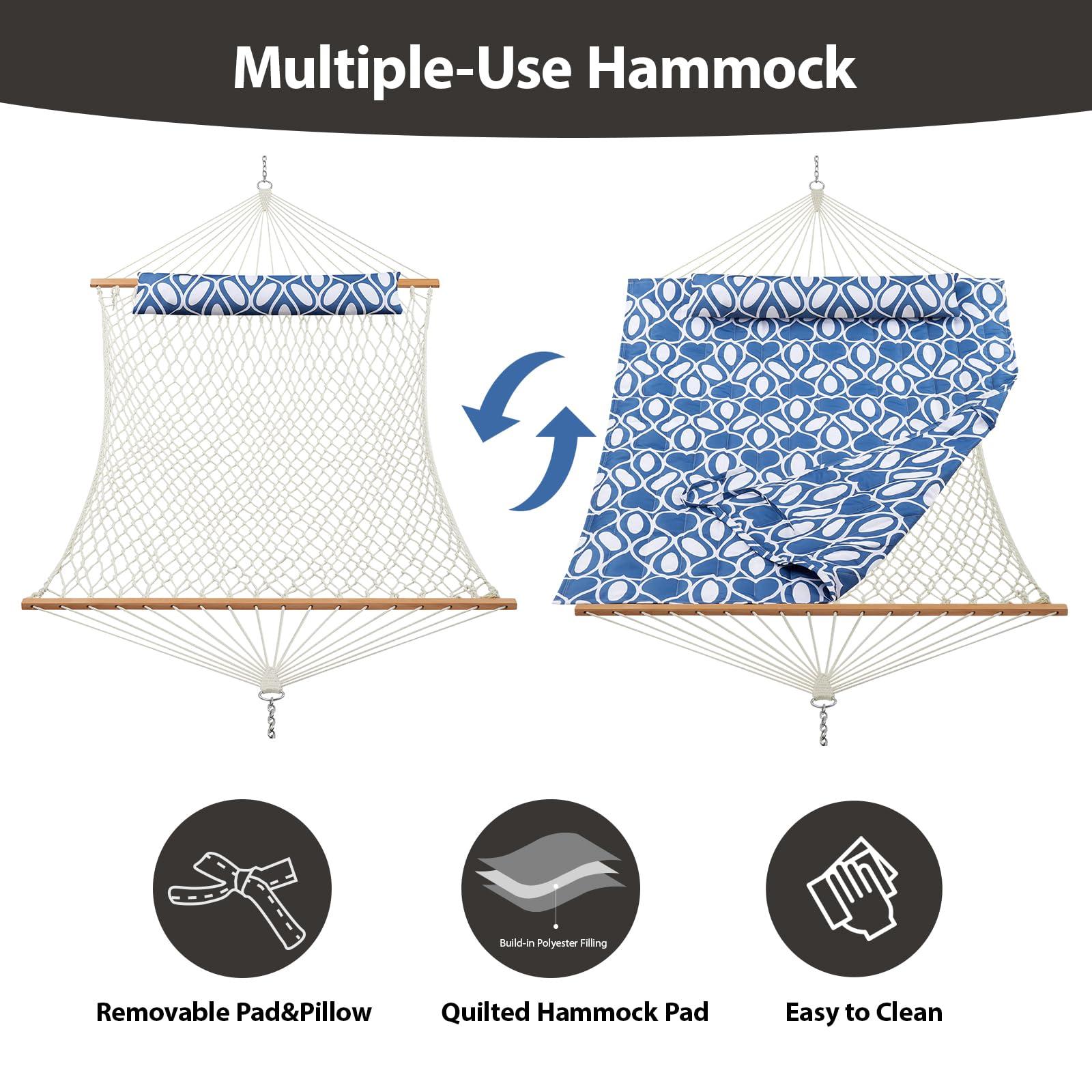 CHULIM Outdoor Double Hammock with Hardwood Spreader Bars Cotton Rope Hammock with Polyester Pad and Pillow 475 LBS Capacity 2 Person Hammock Large Hammock for Patio Backyard Poolside - Blue Printing - Image 5