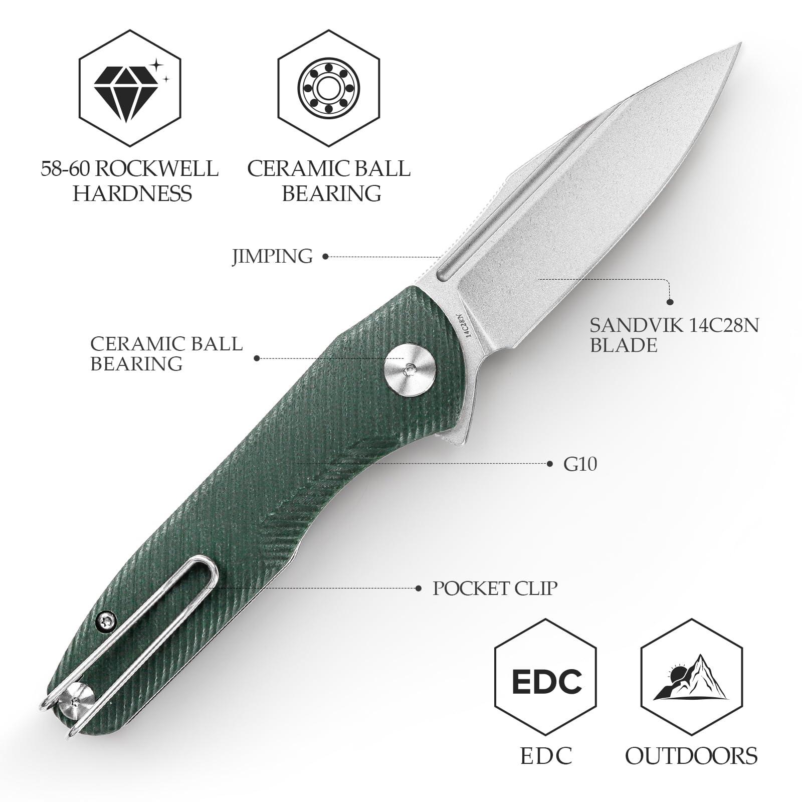 TRIVISA Knives，Pocke Knife with Clip for Camping EDC Tool， Outdoor Folding Flipper Knife for men，G10 Scales，3.26" 14C28N Steel Blade（Stonewash）- Antliae-03GG - Image 3