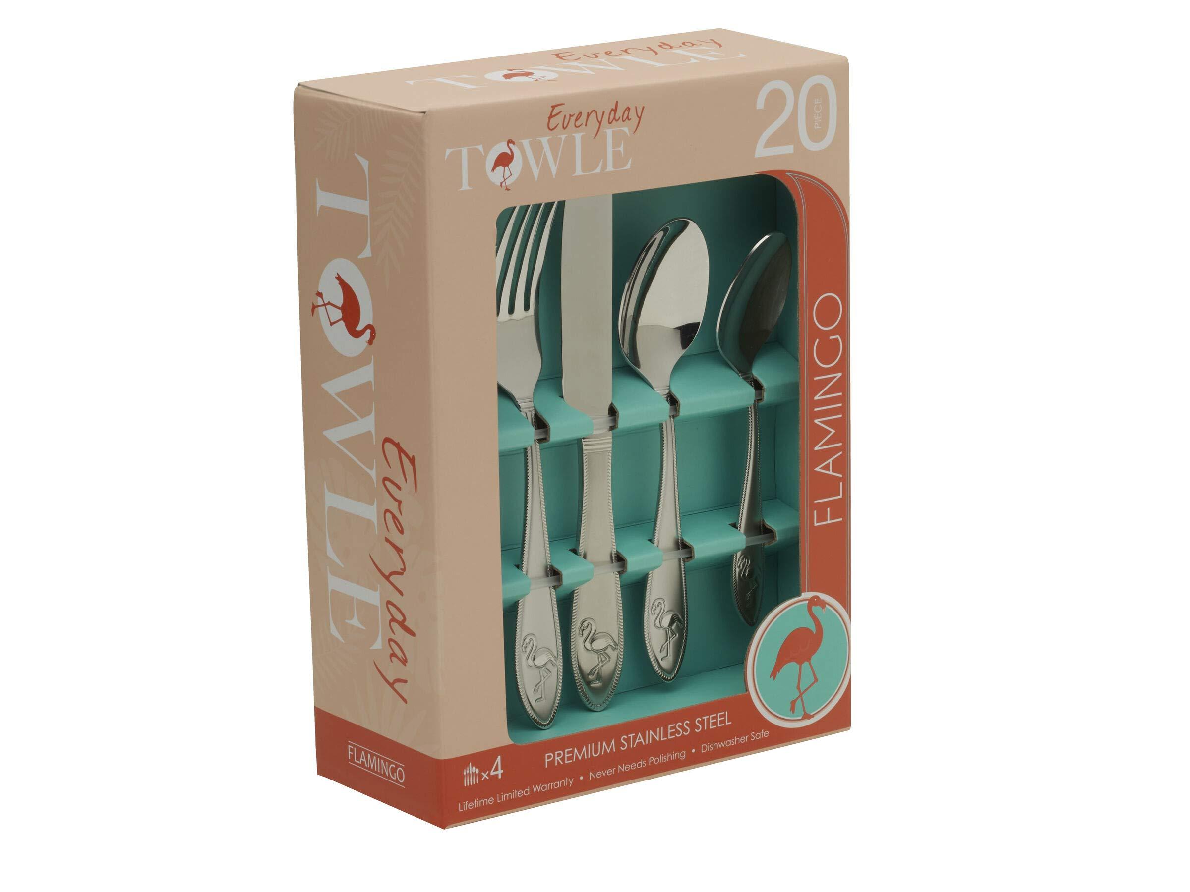 Towle Everyday Flamingo Flatware Service for 4, 20 Piece Set, 18/0 Stainless Steel, Silverware Set - Image 7