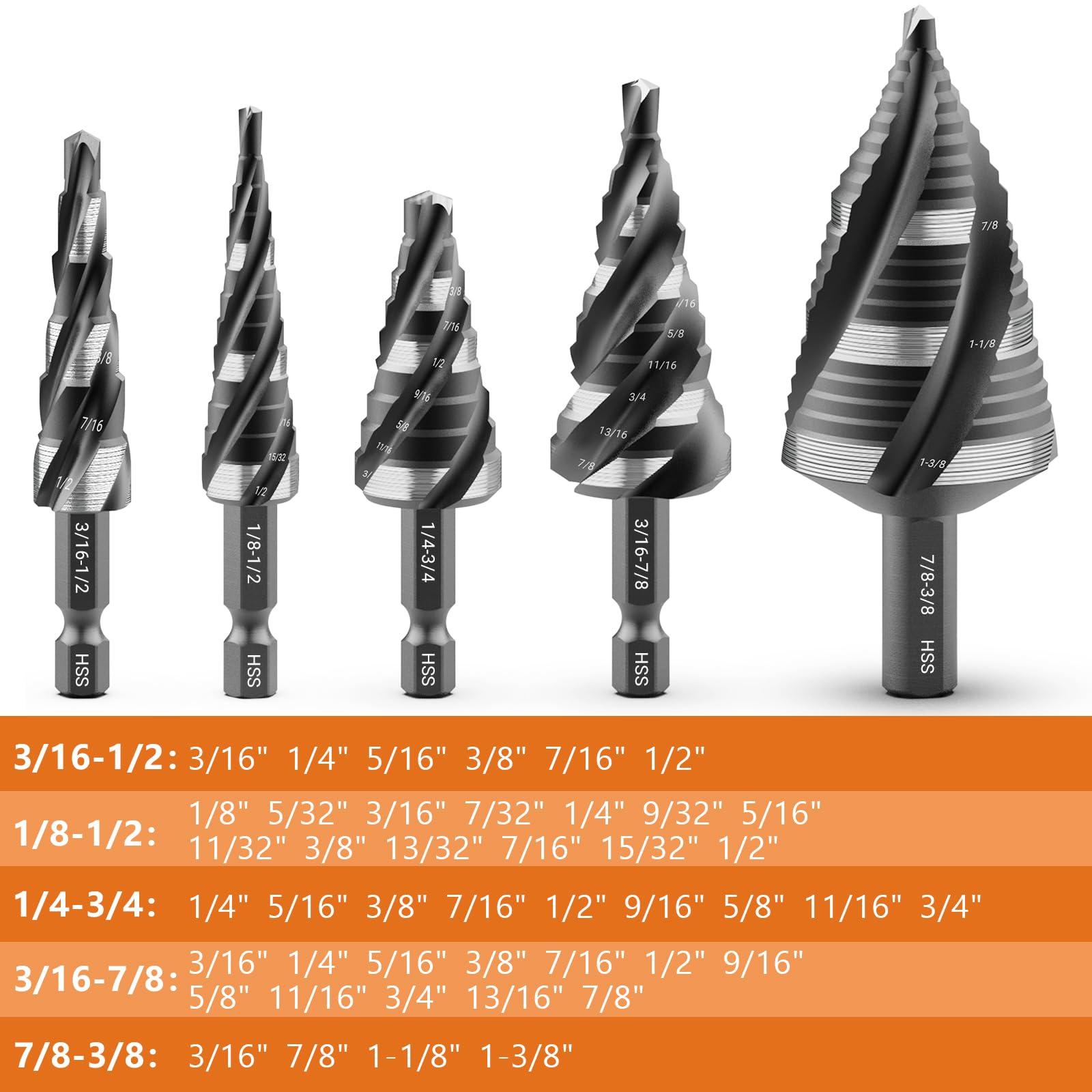 MABLEVI 5 Pcs Four Spiral Flute Step Drill Bit Set, 1/8"-1-3/8" HSS Unibit Step Drill Bit, 1/4" and 3/8" Shank Step Bit for Metal, Stainless Steel, Aluminum, Wood, Plastic - Image 5