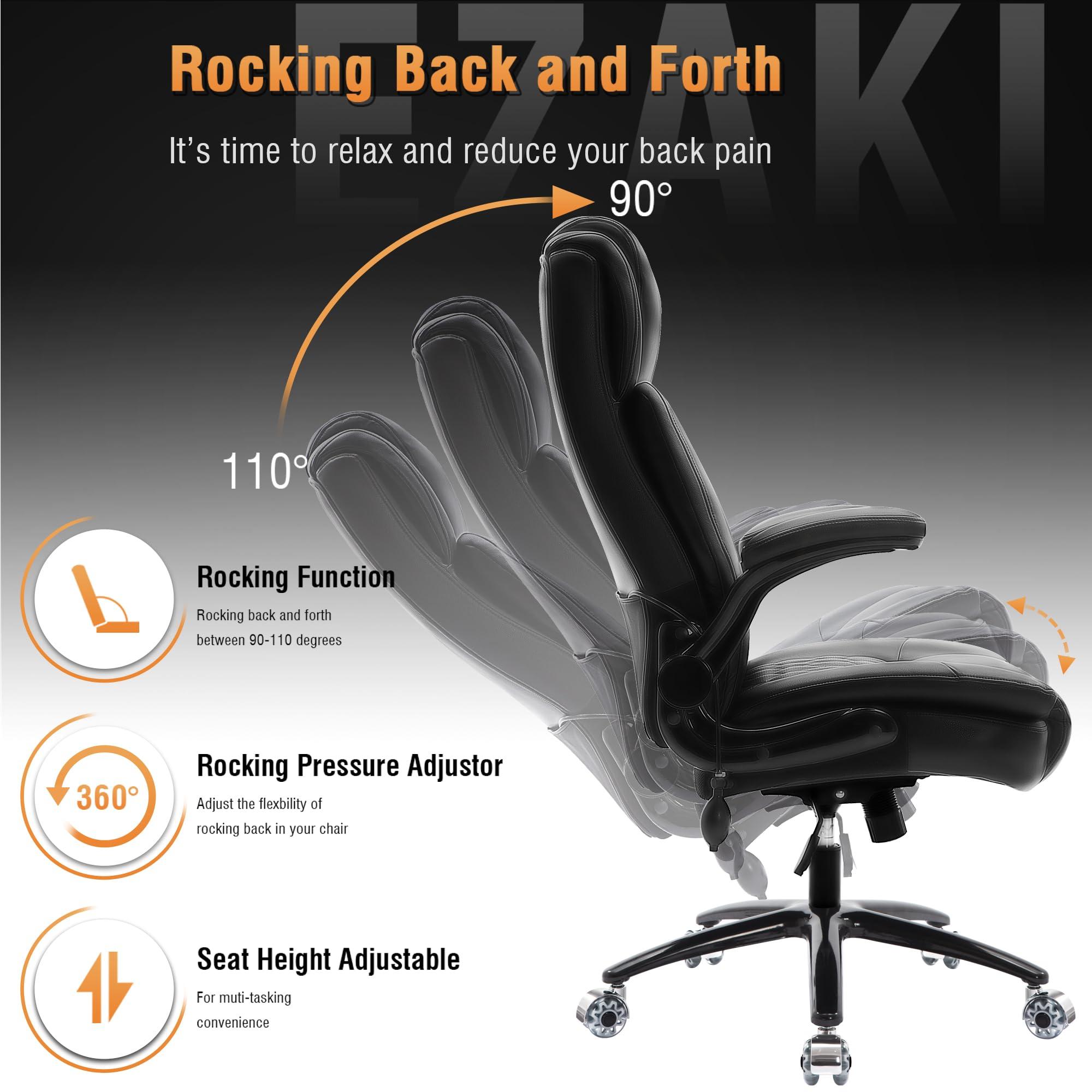 HAMAOKA Large High Back Office Chair - Adjustable Lumbar Support, Flip Up Arms, Heavy Duty Metal Base, Breathable Bonded Leather, 2 Storage Bags, Black - Image 7