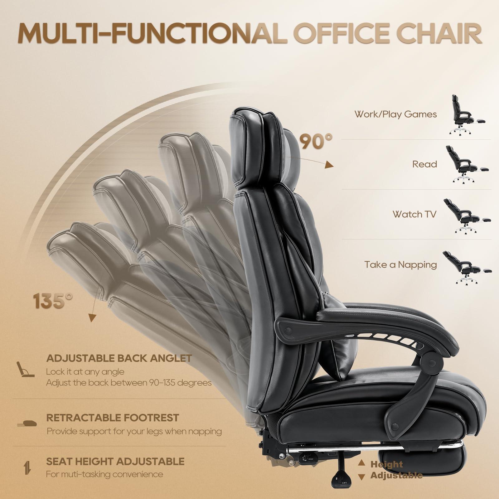 COLAMY Office Chair with Retractable Footrest, Ergonomic High Back Design Executive Computer Desk Chair with Removable Lumbar Pillow, 90-135°Reclining, Thick Bonded Leather for Home Office Work, Black - Image 7