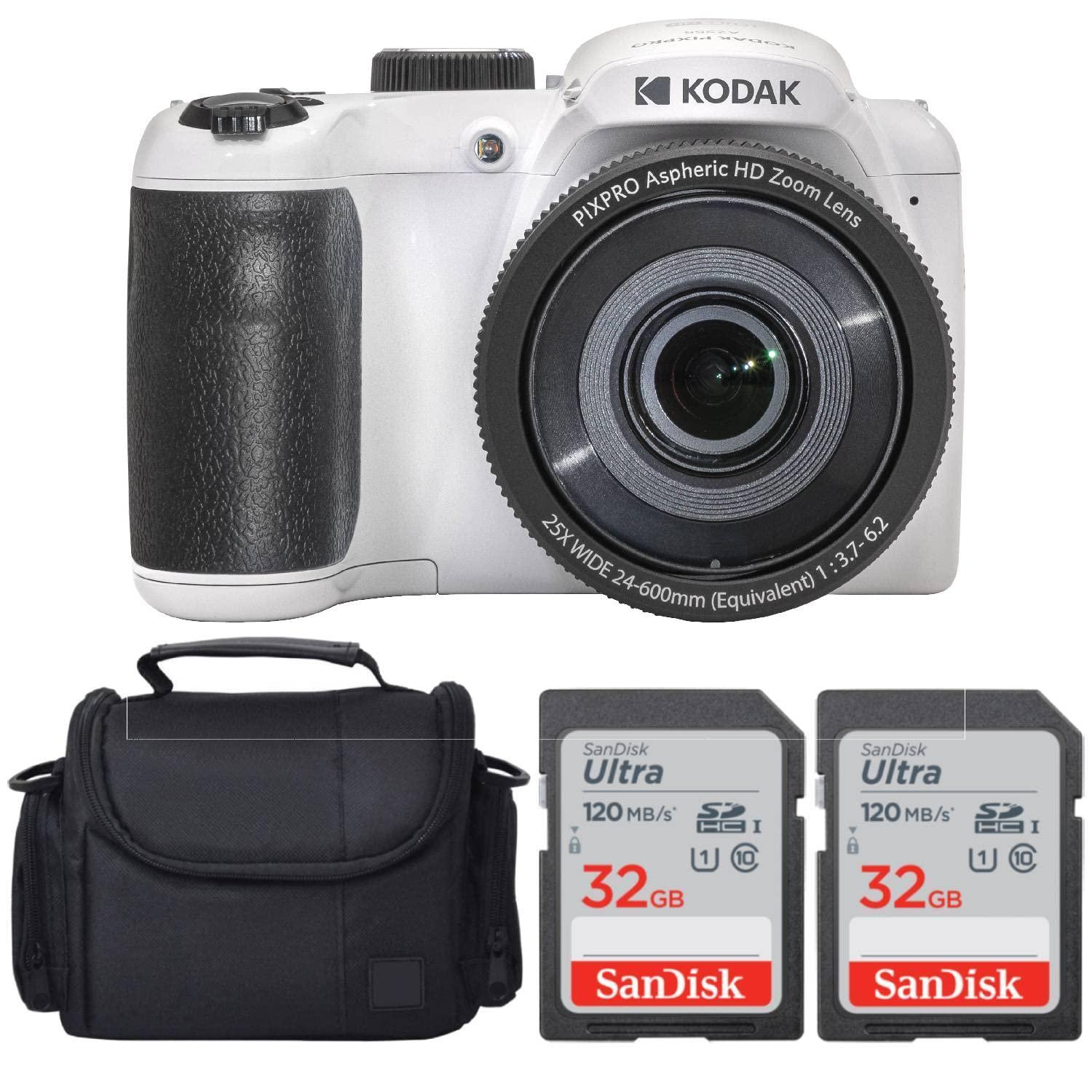 Kodak PIXPRO AZ255 Digital Camera (White) Bundle with 32GB Ultra UHS-I SDHC Memory Card (2) + Case (4 Items)