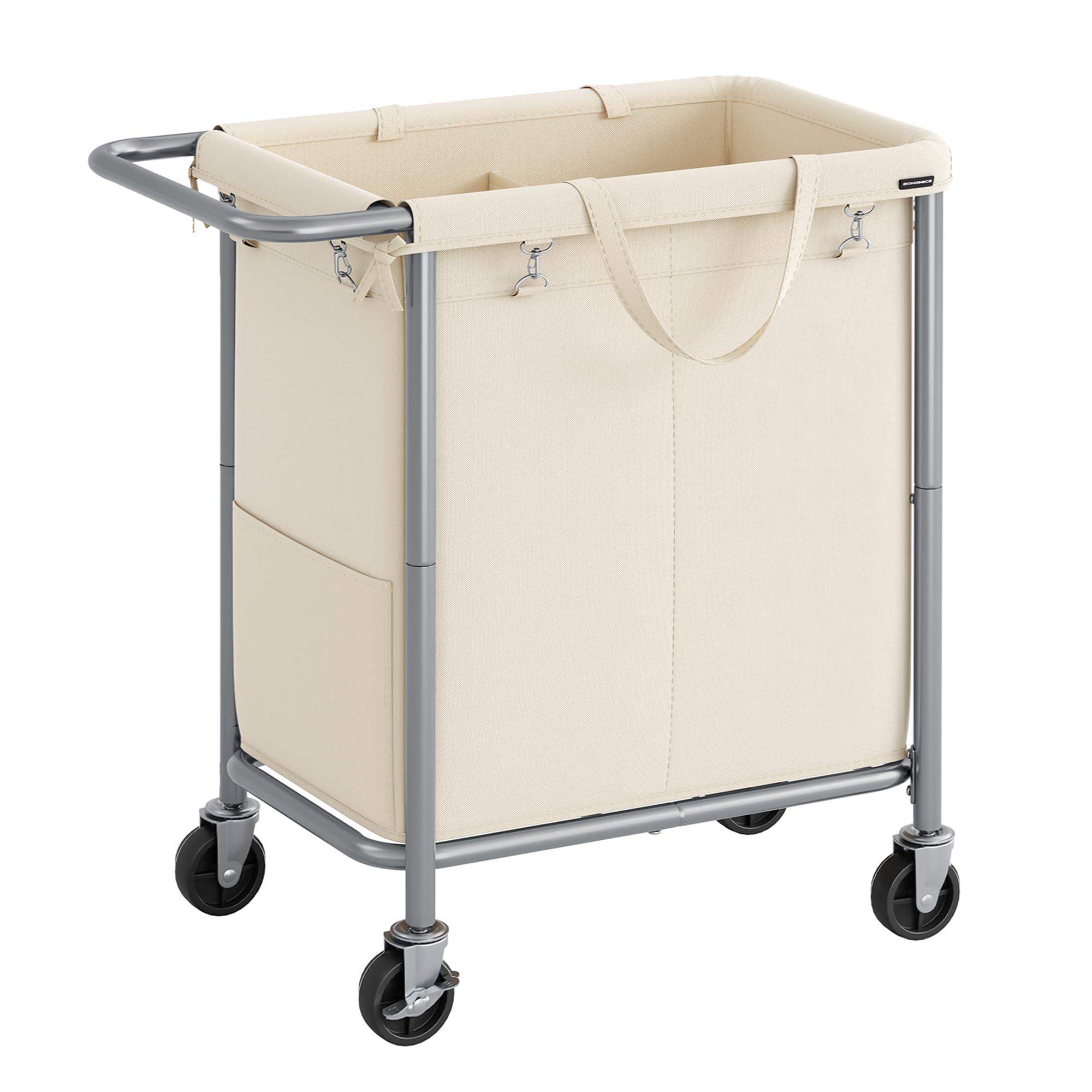SONGMICS Laundry Basket with Wheels, 2-Section Rolling Laundry Hamper, 37 Gallons (140L), Removable Liner, Steel Frame with Handle, Blanket Storage, 27.2 x 15.4 x 31.9 Inches, Cream White URLS004W01