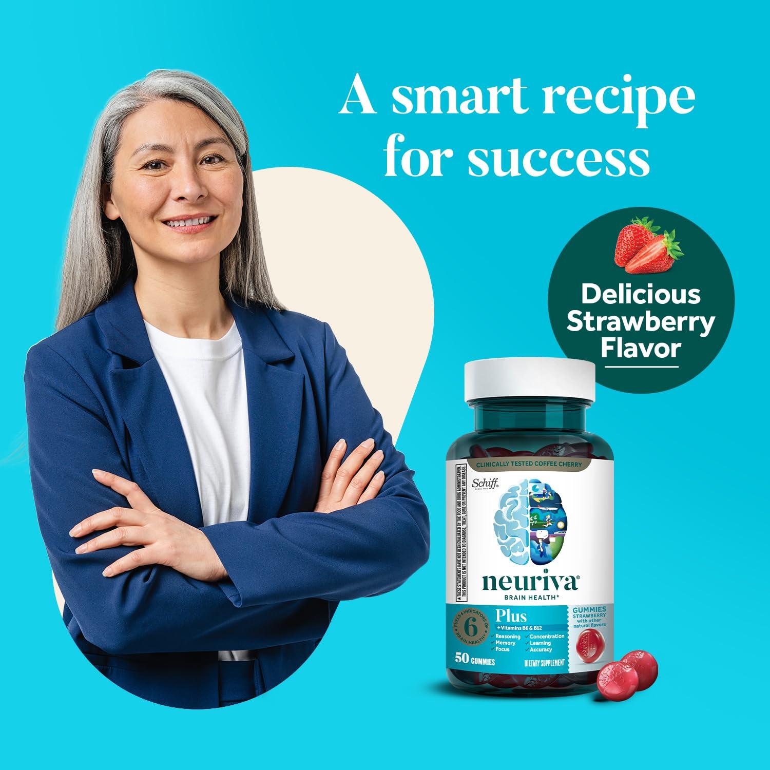 NEURIVA Plus Brain Supplement for Memory,Focus & Concentration+Cognitive Function with Vitamins B6 & B12 and Clinically Tested Nootropics Phosphatidylserine and Neurofactor,50ct Strawberry Gummies - Image 6