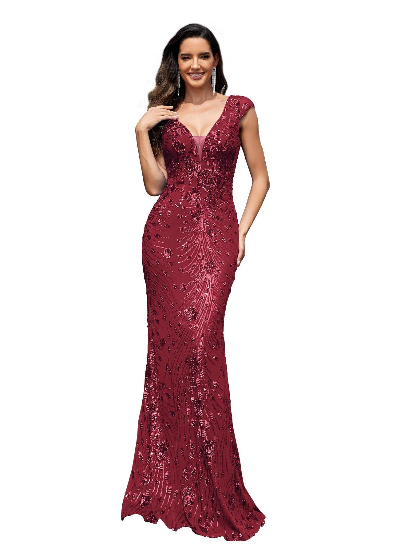 Womens Sequined Long Evening Gown Glamous Sleeveless V-Neck Mermaid Prom Dress for Wedding Party Club Occasions