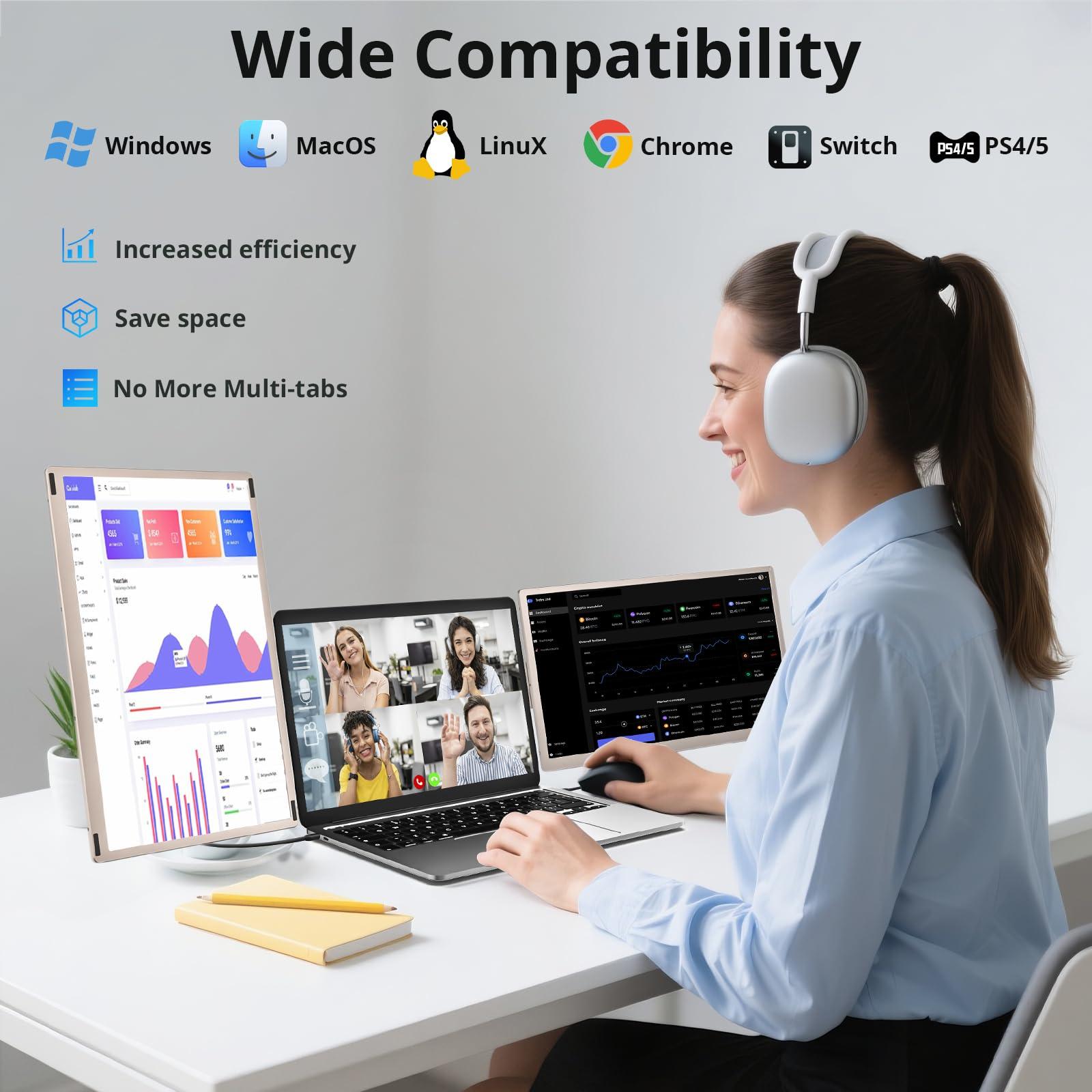 Enzion Laptop Screen Extender,Upgraded 15.6" Portable Monitor,FHD 1080P Triple Laptop Screen Extender,Detachable Dual Monitor for 13”-17” Laptops,Plug & Play,Compatible with Mac/Wins/Chrome/Dex - Image 6