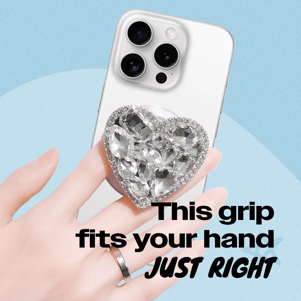 OnTheGrip Compatible with Magsafe Cute Cubic Diamond Heart Shape Design Collapsible Mobile Phone Grip Stand Holder for Smartphone Tablet Cell Phone Accessory (Silver Big) - Image 2