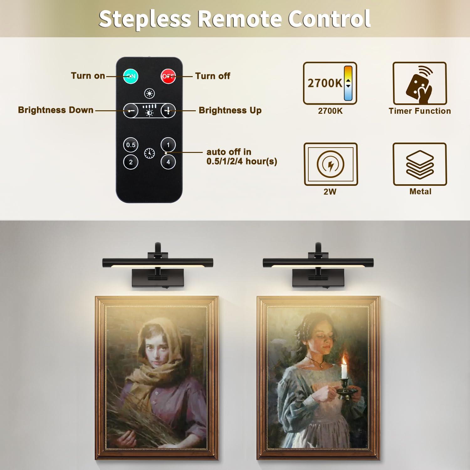 DESOOP Battery Operated Picture Lights for Wall Black Art Light Wireless Gallery Lights with Timer and Remote 12 Inch 2W Warm White - Image 3
