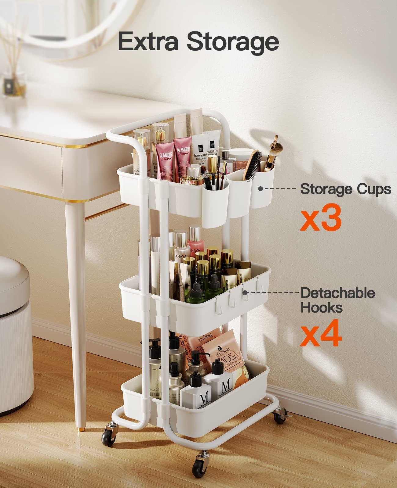Pipishell 3-Tier Rolling Cart with Wheels - Rolling Storage Cart with Hanging Cups & Hooks - Mobile Utility Cart for Office, Kitchen, Craft Room - Art & Craft Organizer, White, PIUC06W - Image 5