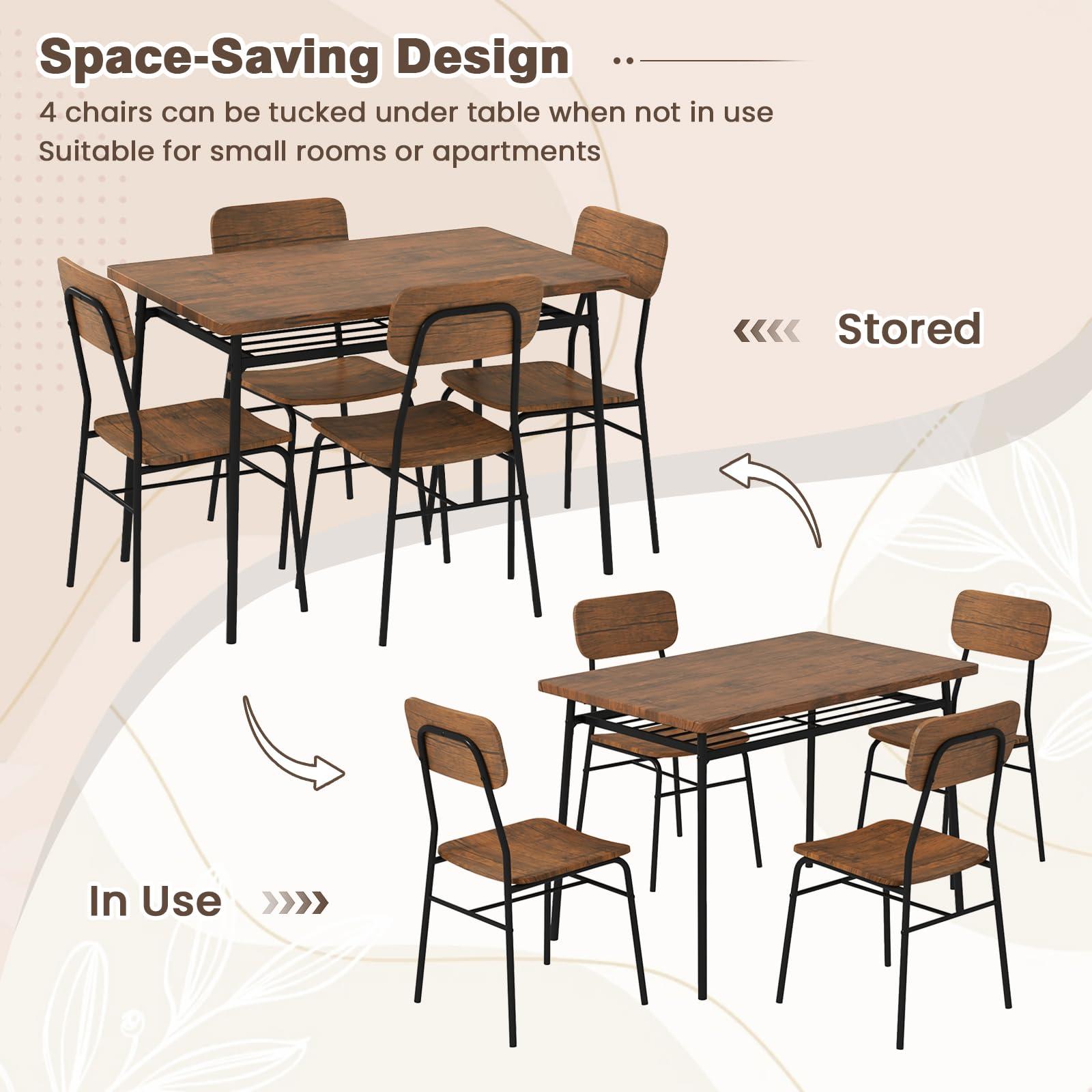 GOFLAME 5-Piece Dining Table Set for 4, Wood Rectangular Kitchen Table & Chairs Set with Metal Frame, Storage Rack, Space-Saving Industrial Dinette Set for Dining Room, Living Room, Breakfast Nook - Image 8