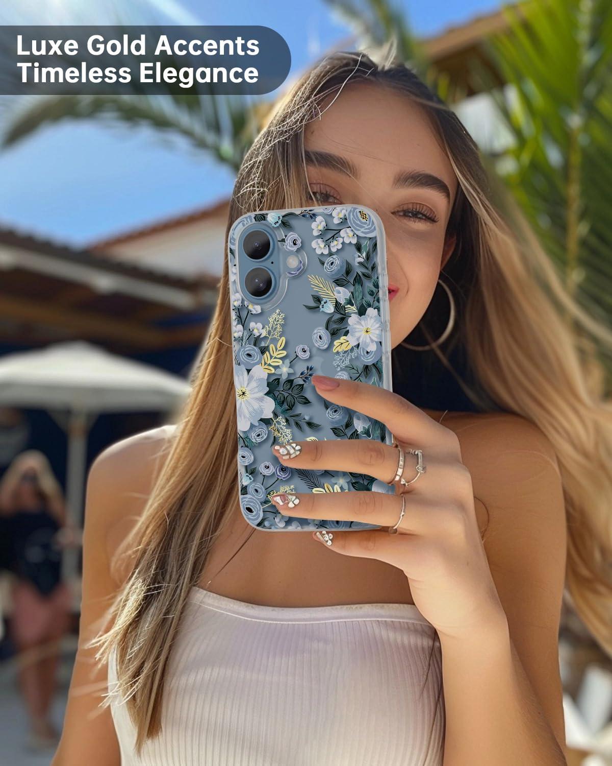 SCORPIFY for iPhone 16 Case with Blue Nemophila Floral Design, Cute Clear Flower Phone Cover for Women Girls, [Non Yellowing] Slim Shockproof Bumper with Gold Accents - Image 5