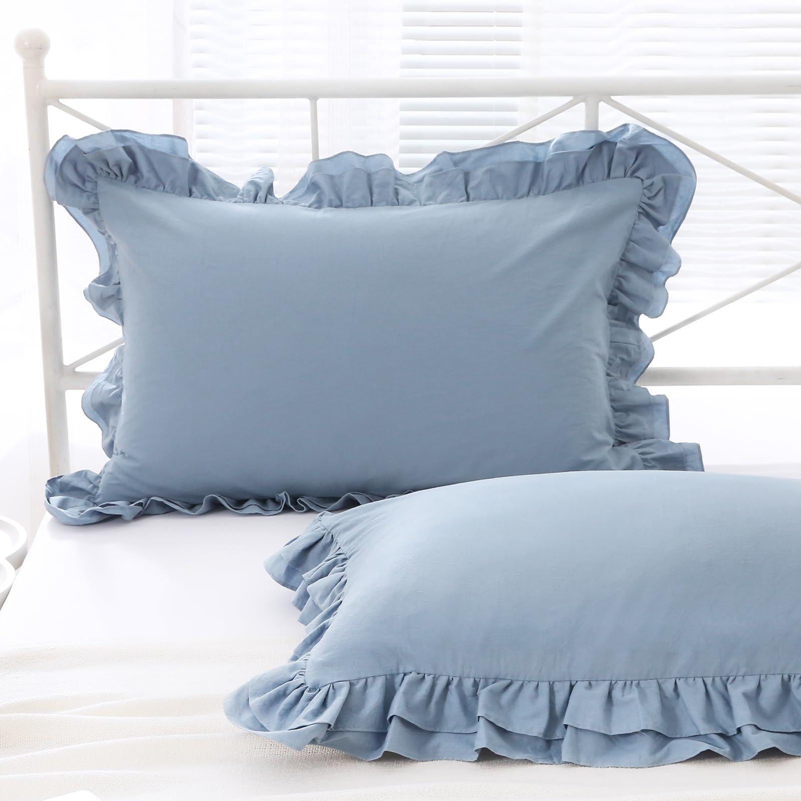 YOKKITA 2 Pack Dust Blue Ruffle Pillow Shams Standard Size 20x26 inches, 100% Cotton French Country Rustic Vintage Shabby and Chic Decorative Bed Pillow Shams (Dust Blue,20x26 inches)