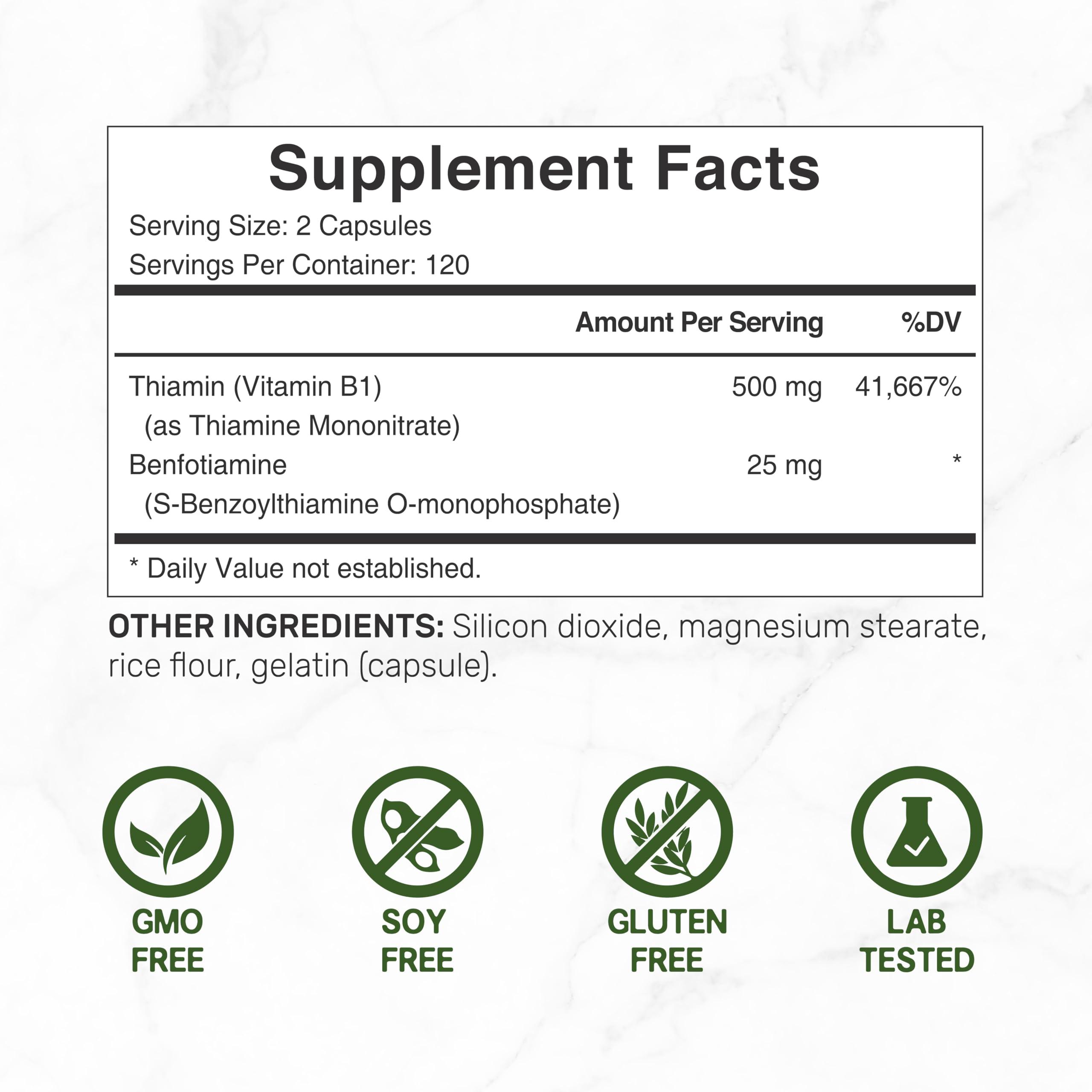 Deal Supplement Vitamin B1 500mg with Benfotiamine, 240 Capsules – 2 in 1 Enhanced Formula – Fat & Water Soluble Thiamine B1 Supplement – Third Party Tested, Non-GMO, No Gluten - Image 2