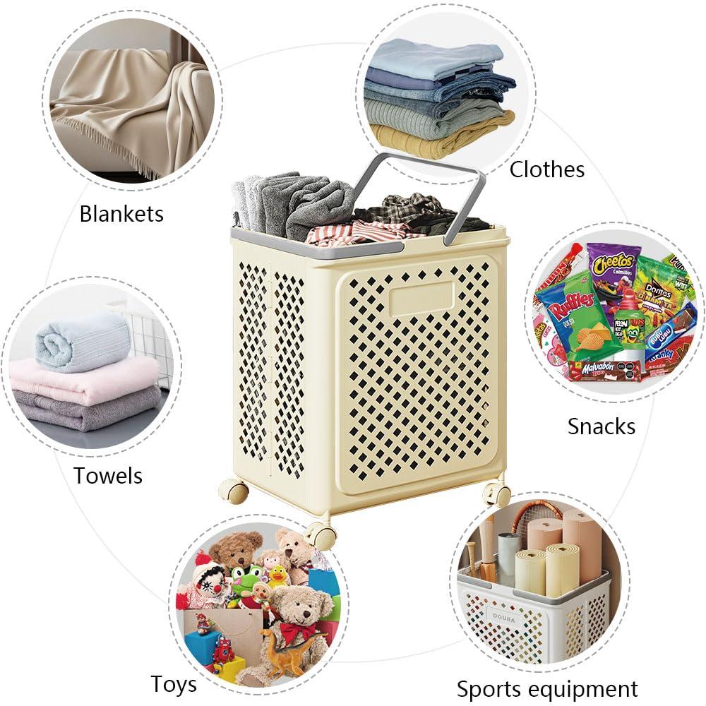 Desricy 50L small foldable storage basket with wheels and handles, yoga mat storage basket, mesh rolling laundry basket, plastic small rolling gift basket are the best choice to save space - Image 3