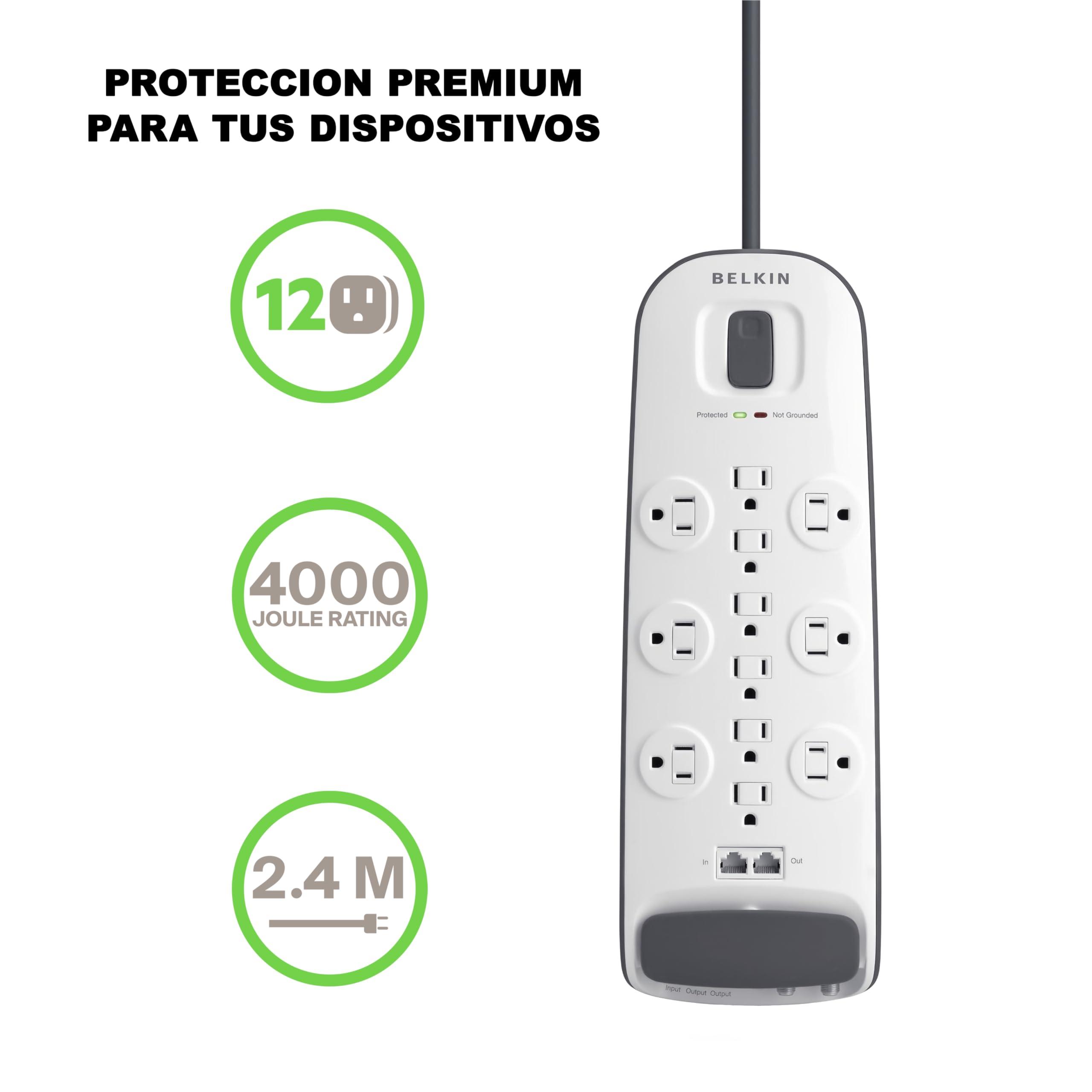 Belkin Power Strip Surge Protector - 12 AC Multiple Outlets, Ethernet & Cable Protection - 8 ft Long Extension Cord for Home, Office, Travel, Computer Desktop & Phone Charger - 3996 Joules, White - Image 6