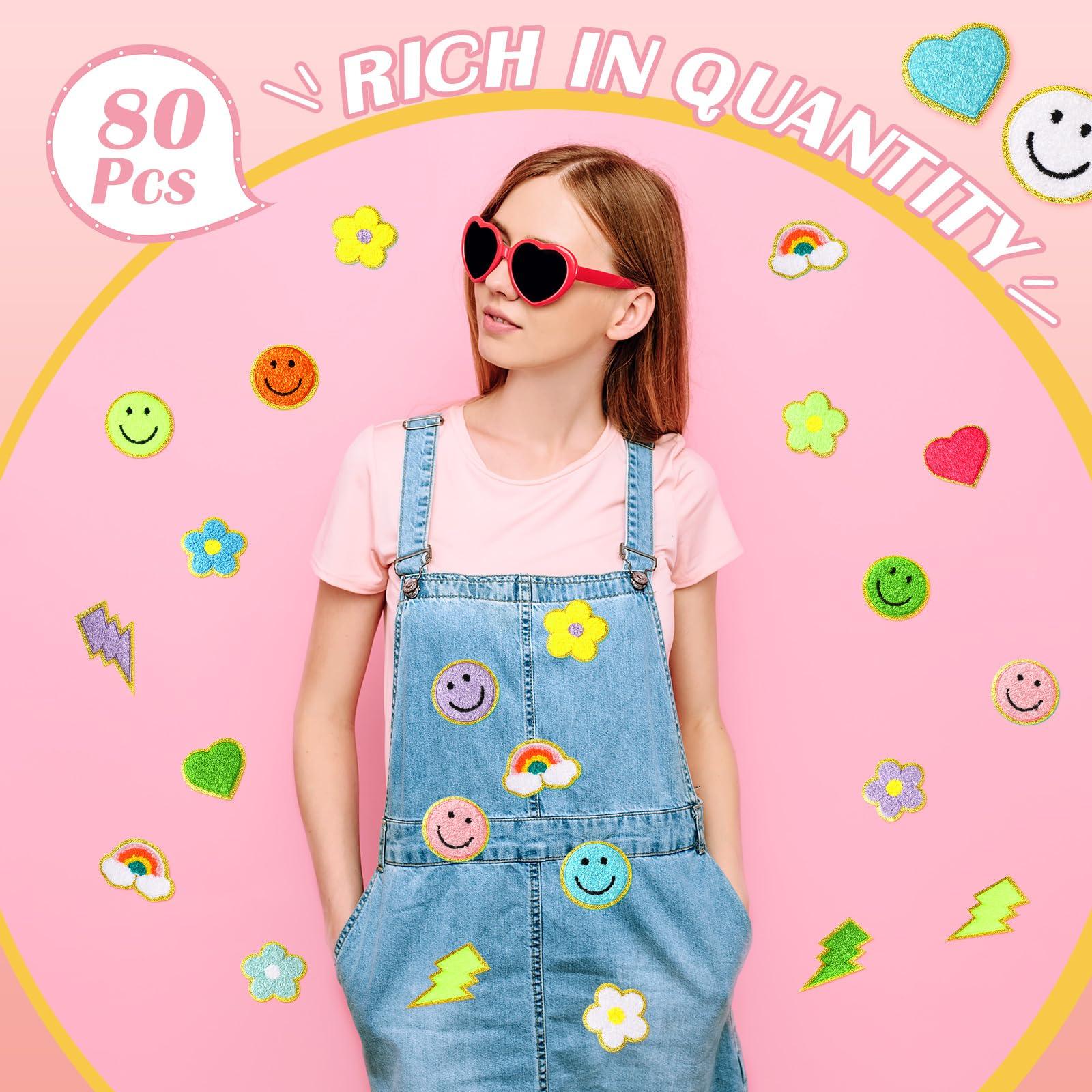 Hanaive 80 Pcs Chenille Patches Self Adhesive Patches 3D Cute Embroidered Rainbow Lightning Smile Face Heart Applique Sewing Badges Patch for Fabric Clothing Jackets Jeans DIY (Self Adhesive) - Image 6
