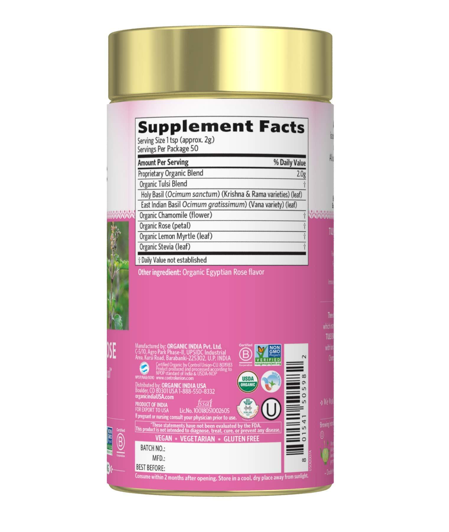 ORGANIC INDIA Tulsi Sweet Rose Herbal Tea - Holy Basil Leaf, African Basil, Chamomilie, Lemon Myrtle, Stress Relieving, Immune Support, USDA Certified Organic, Caffeine-Free - 3.5 oz Canister - Image 2