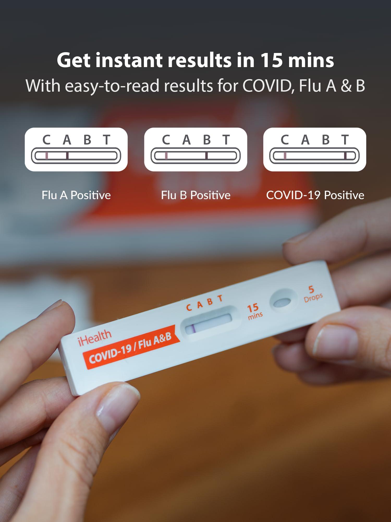 iHealth COVID-19, Flu A&B 3-in-1 Antigen Rapid Test, Results in 15 Minutes, FDA Authorized OTC Flu & COVID Home Test, with Non-invasive Nasal Swab, Easy to Use & No Discomfort (1 Pack, 4 Tests Total) - Image 2