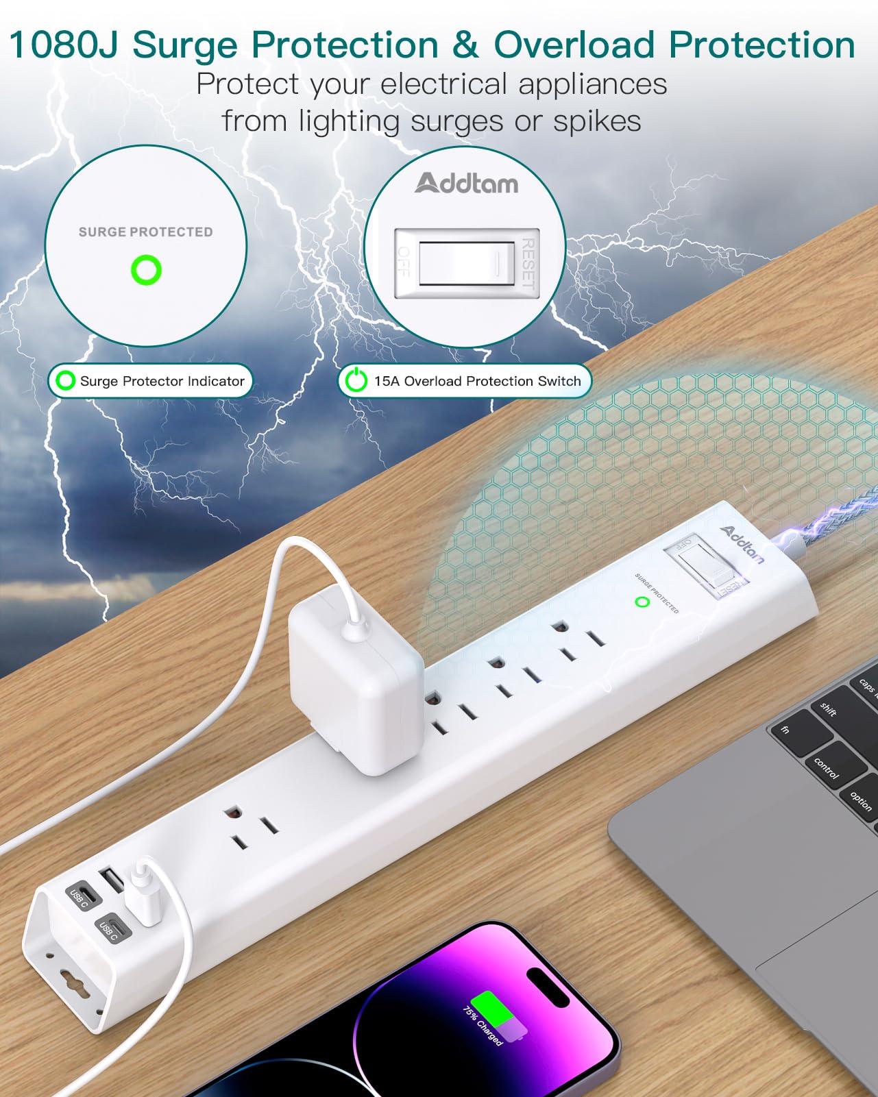 2 Pack Surge Protector Power Strip - 5 Widely Spaced Outlets 4 USB Ports, 5Ft Extension Cord, Flat Plug, Wall Mount Outlet Extender, Desk Charging Station for Home Office College Dorm Room Essentials - Image 4