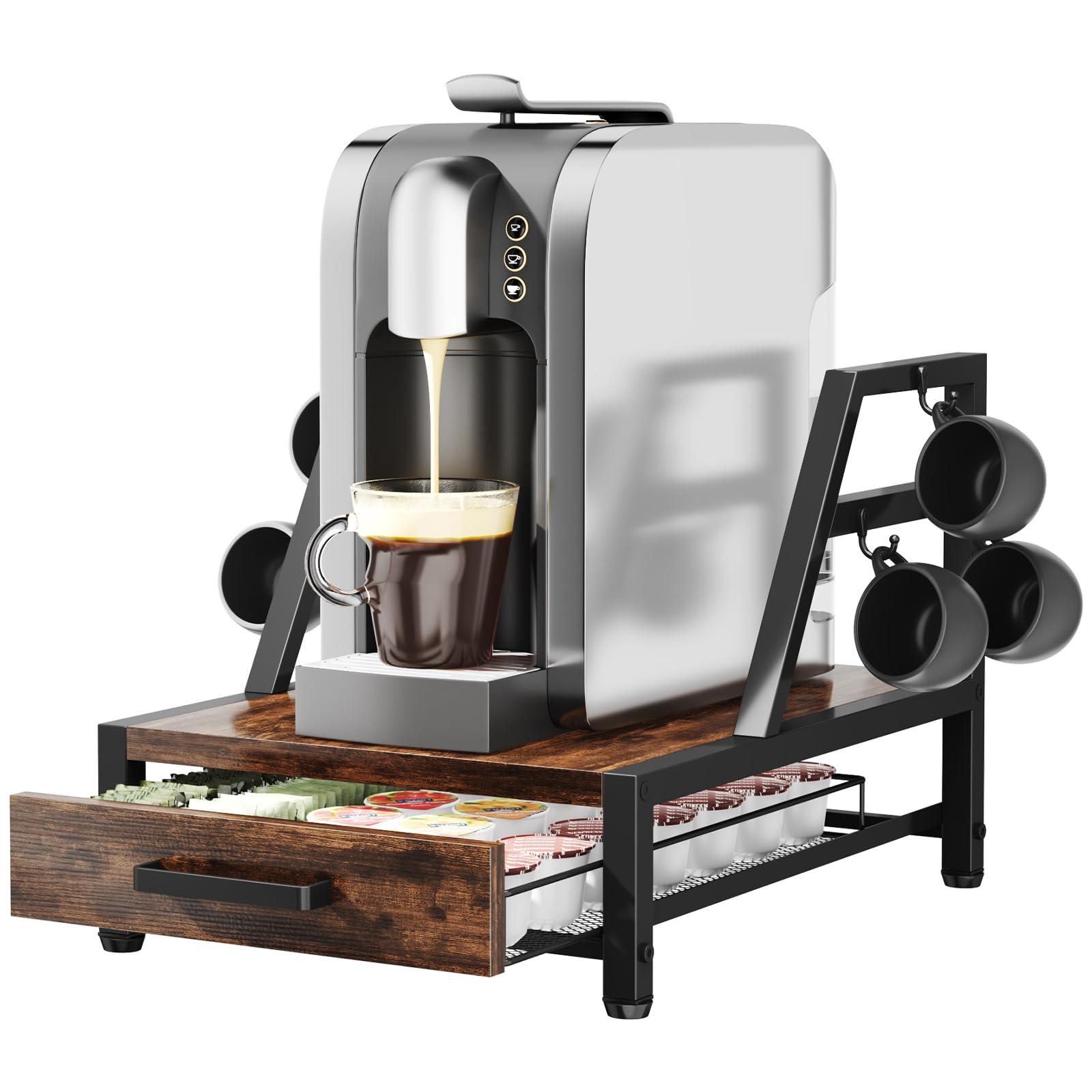 Homsorout K Cup Holder Drawer - Coffee Pod Organizer for Counter, Sturdy k cups Storage Drawer with Mug Rack, Coffee Maker Stand, 35 Capacity Pods, Home Kitchen Counter Organizer, Rustic Brown