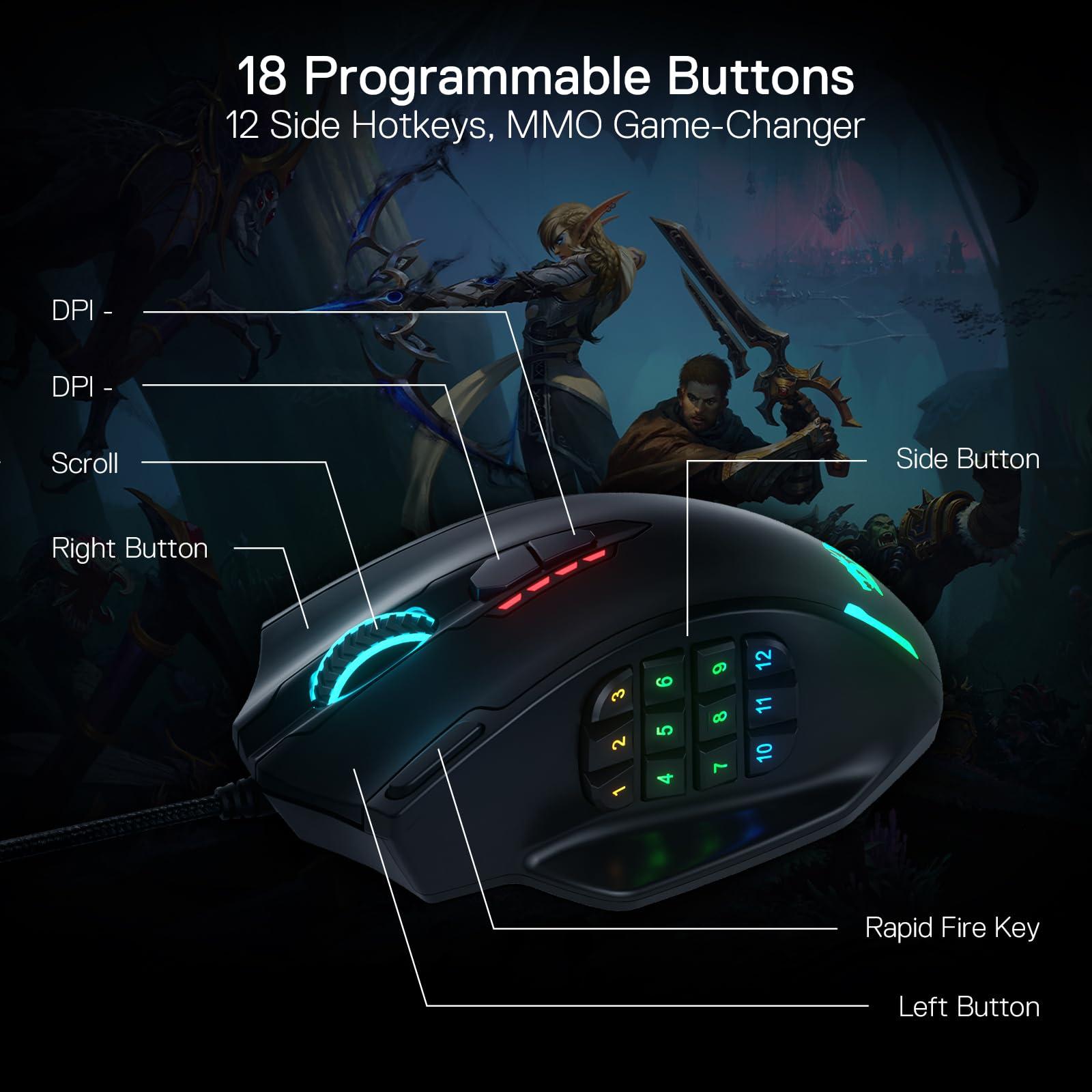 Redragon M908 Impact RGB LED MMO Gaming Mouse with 12 Side Buttons, Optical Wired Ergonomic Mouse with Max 12,400DPI, High Precision, 18 Programmable Macro Shortcuts, Comfort Grip - Image 4