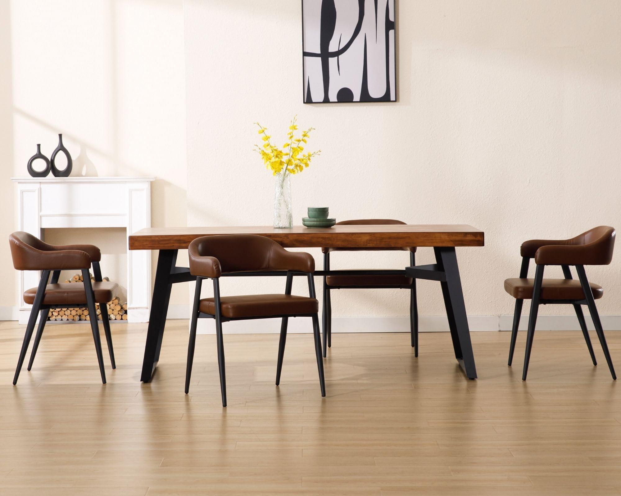HNY Modern Dining Room Arm Chairs Set of 4, Retro Faux Leather Upholstered Barrel Dining Chairs with Arms Mid-Century Brown Accent Chair with Metal Legs, Open-Back Kitchen Side Chair for Living Room - Image 5