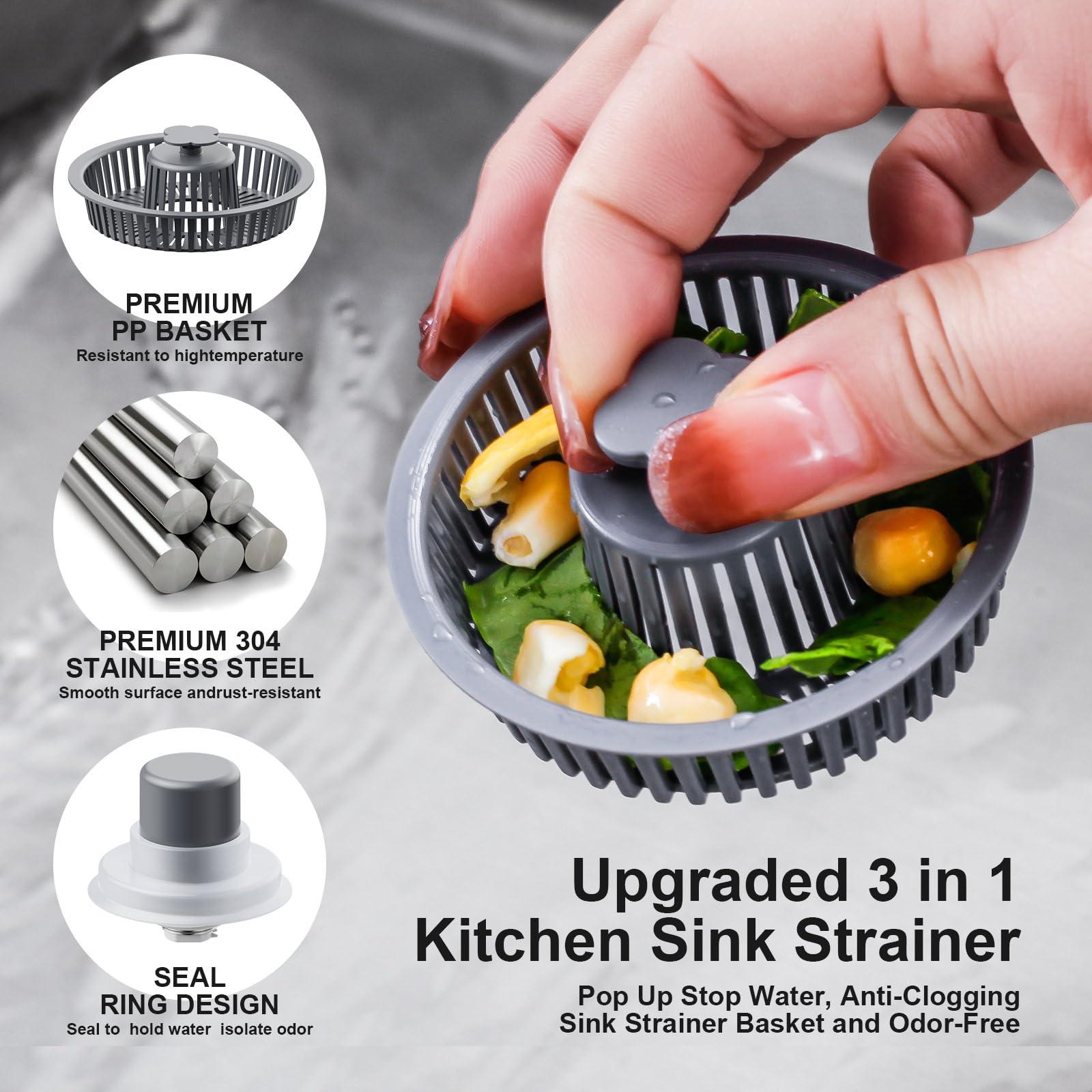 XLMSPORTS 3 in 1 Kitchen Sink Drain Strainer and Stopper, 304 Stainless Steel Pop-up Anti-Clogging Basket Strainer, Fast Drainage Kitchen Sink Plug for Standard 3-1/2" Drain Hole - Image 3