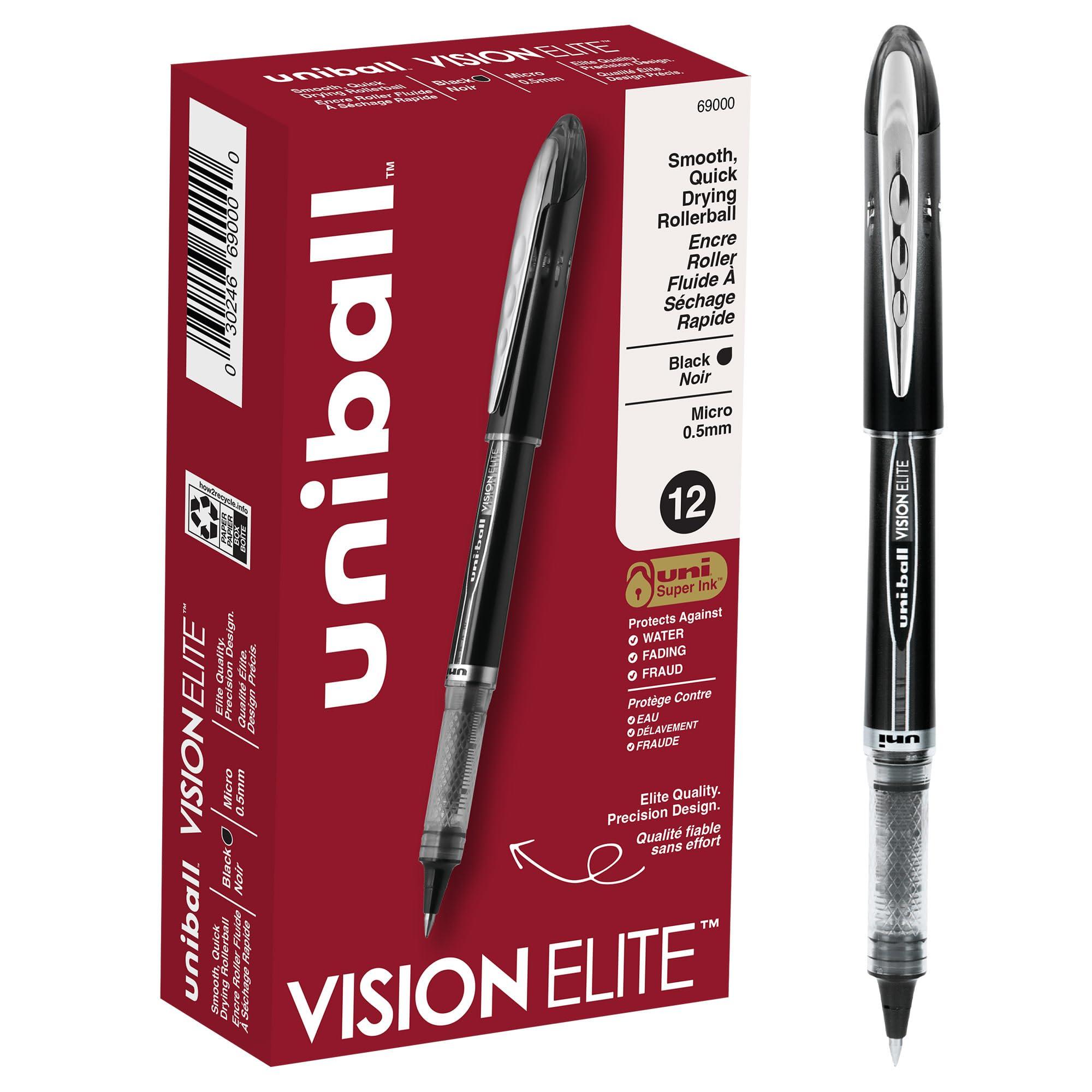 uni-ball Vision Elite Rollerball Pens Fine Point Micro Tip, 0.5mm, Black, 12 Pack - Image 1
