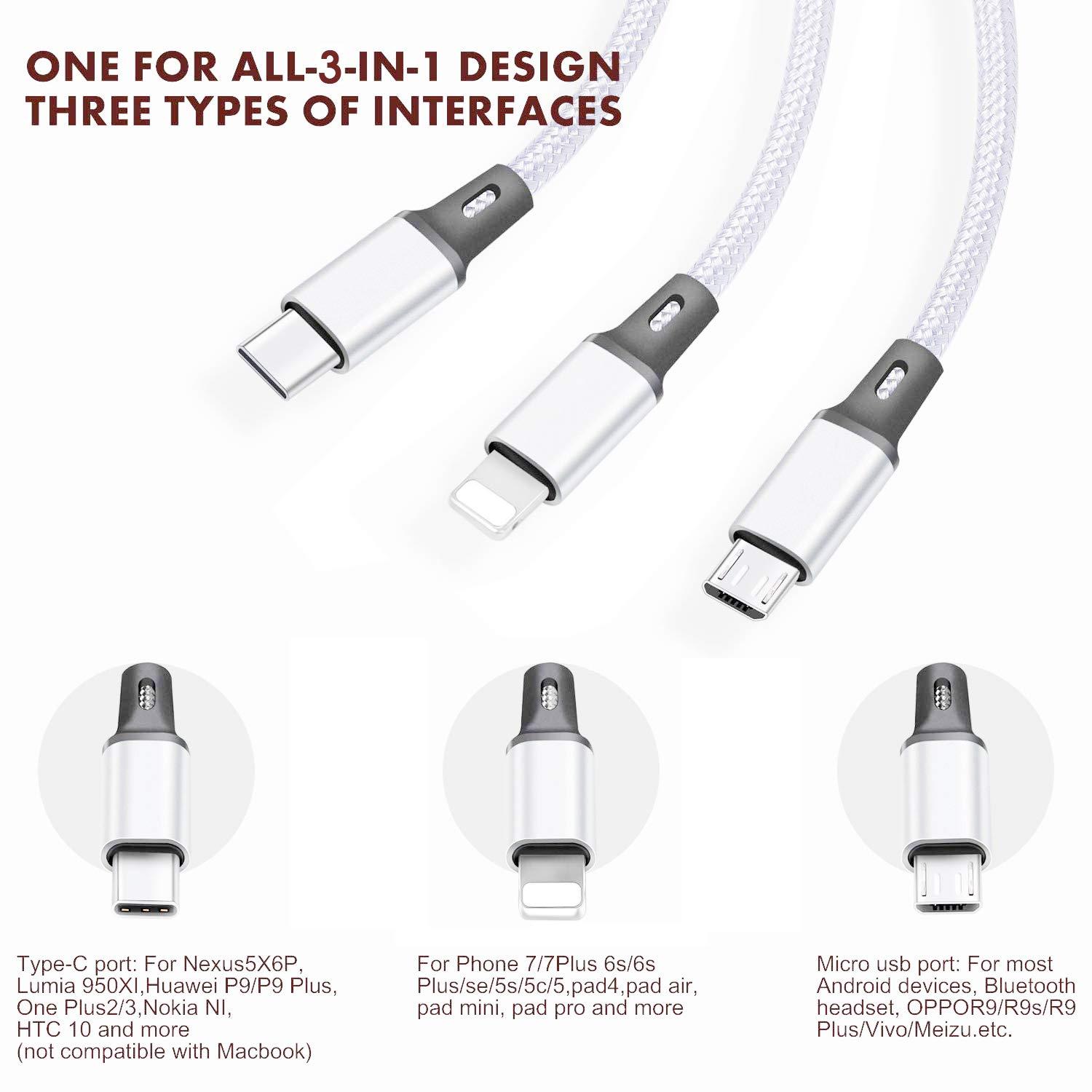 Multi USB Charging Cable 3A, 3 in 1 Fast Charger Cord Connector with Dual Phone/Type C/Micro USB Port Adapter, Compatible with Tablets Phone 12 11 Pro 8 7 6 Samsung Galaxy (4FT/2Pack Charging Only) - Image 2