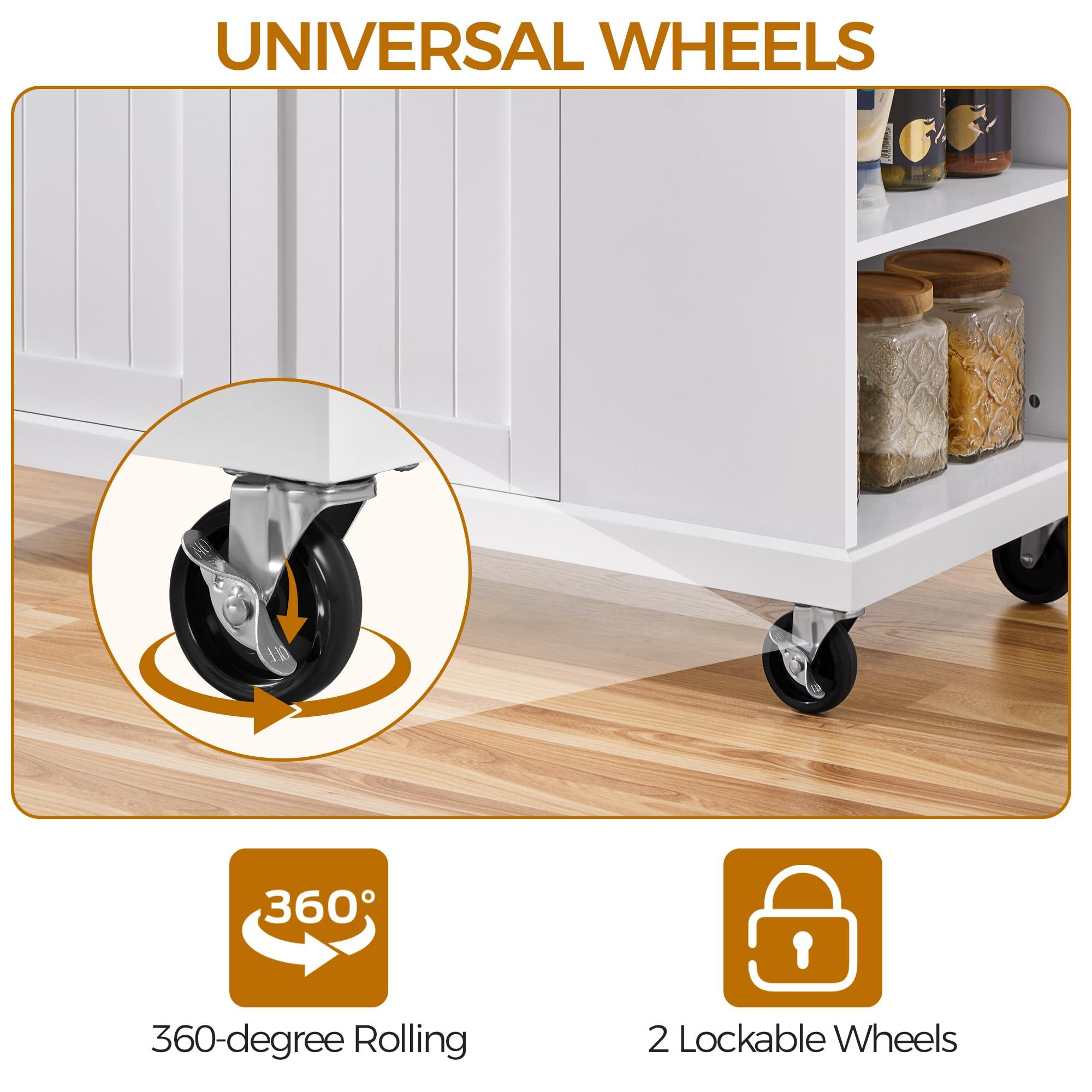 Yaheetech Rolling Kitchen Island Cart with Drop Leaf, Portable Rubberwood Breakfast Bar with Storage Cabinet, Open Shelves & Detachable Towel, 2 Drawers, White - Image 6