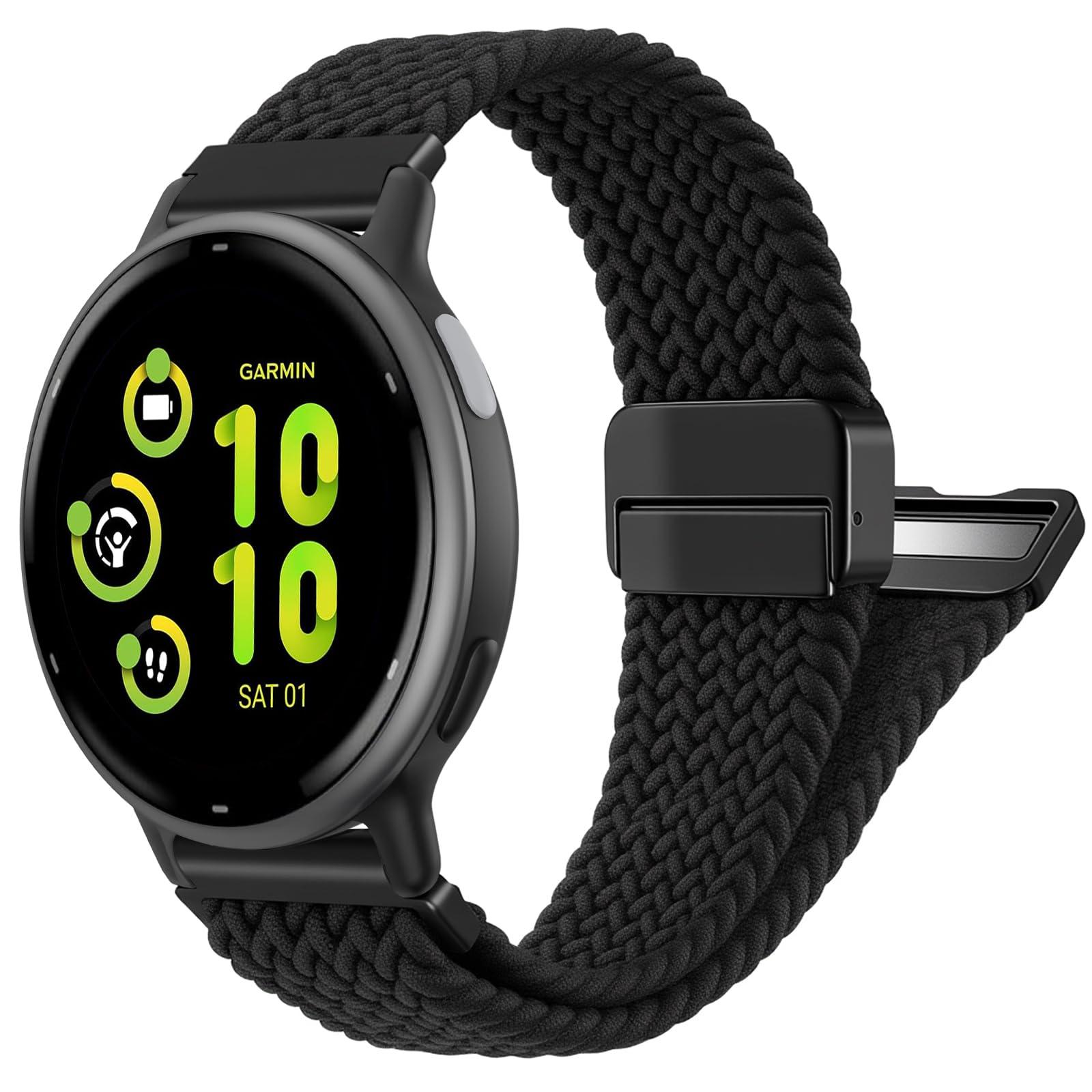 FINTIE Magnetic Braided Band Compatible with Garmin Vivoactive 5/6/Vivoactive 3, Garmin Venu/Venu Sq/Sq 2/Forerunner 55/165/645/245 Music, 20mm Stretchy Nylon Elastic Sport Strap