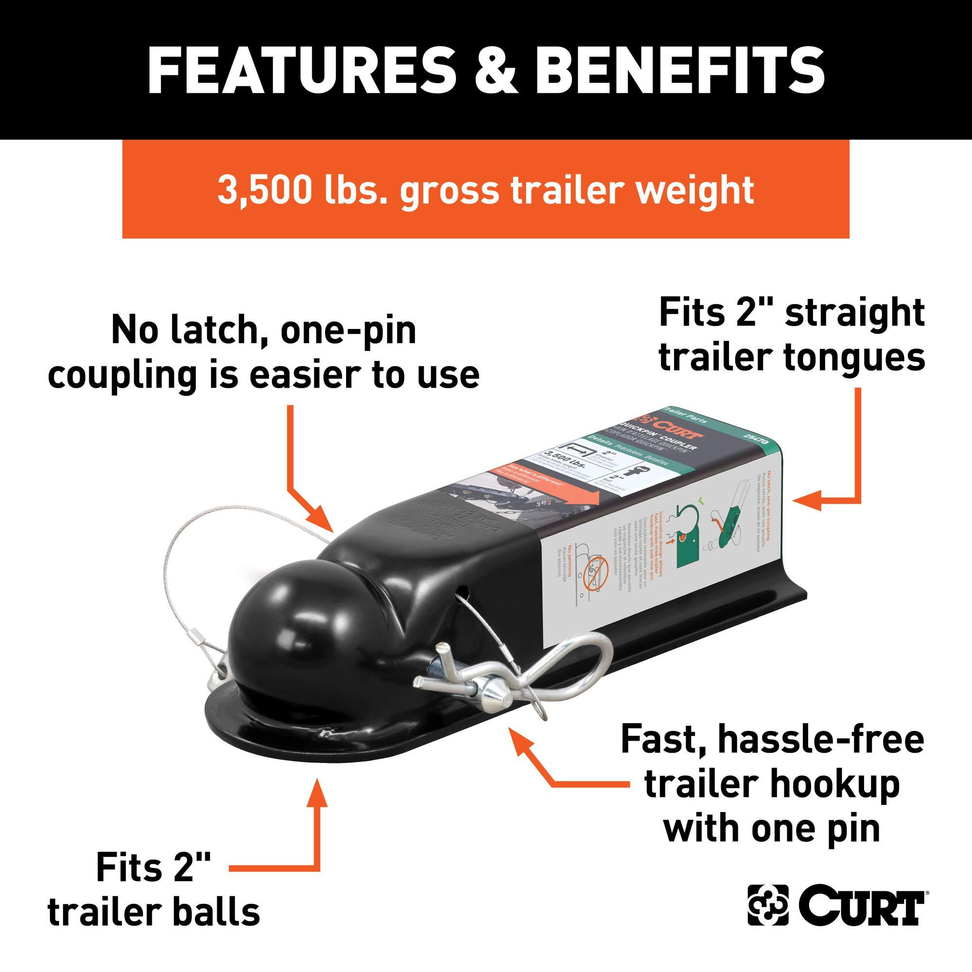 CURT 25470 QuickPin No-Latch Trailer Coupler for 2-Inch Hitch Ball, 2-in Channel, 3,500 lbs - Image 3
