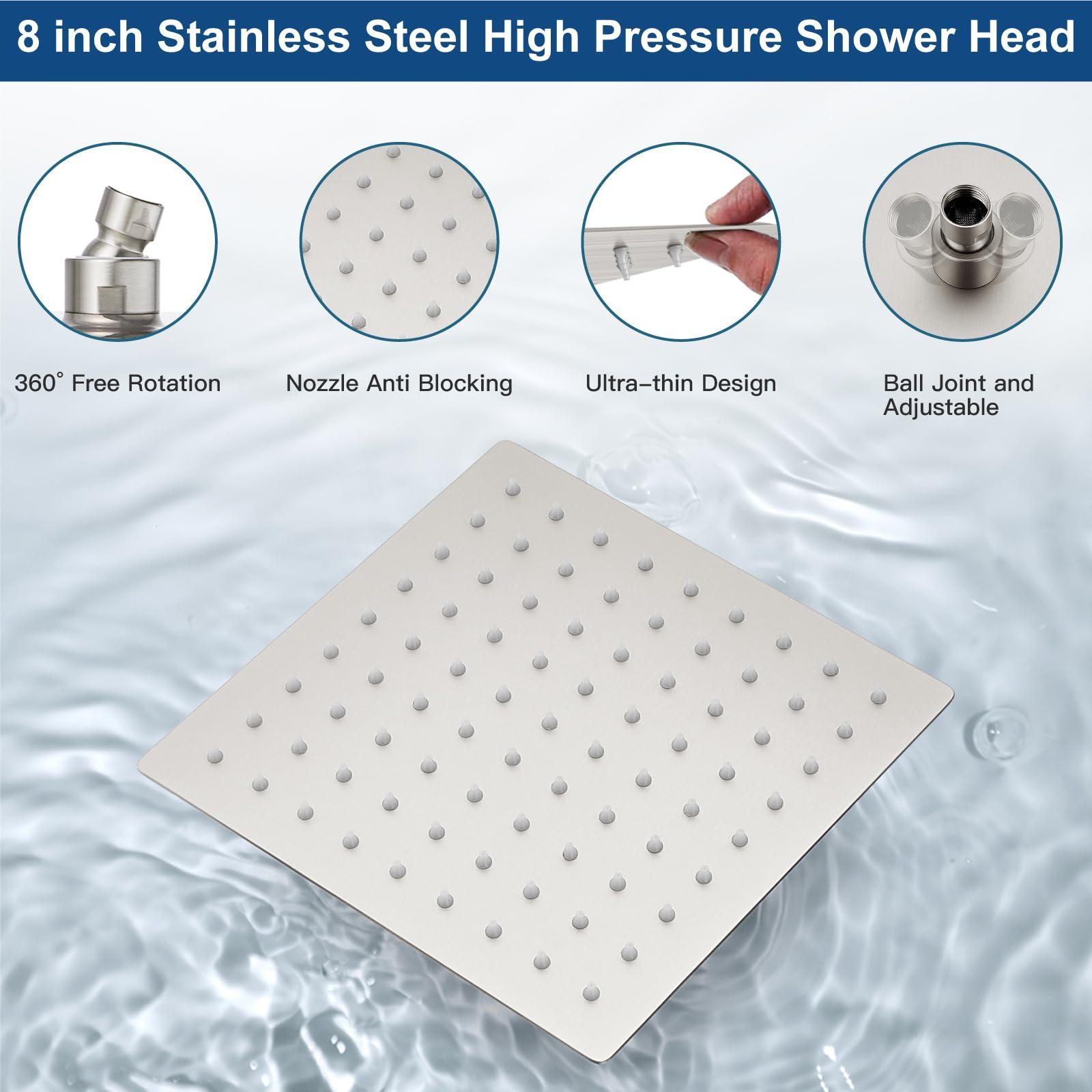 Midanya Rain Shower System Tub Shower Faucet Set Square Rainfall Shower Head with Handheld Sprayer and Waterfall Tub Spout Rough-in Valve Shower Mixer Combo,8 Inch Brushed Nickel - Image 9