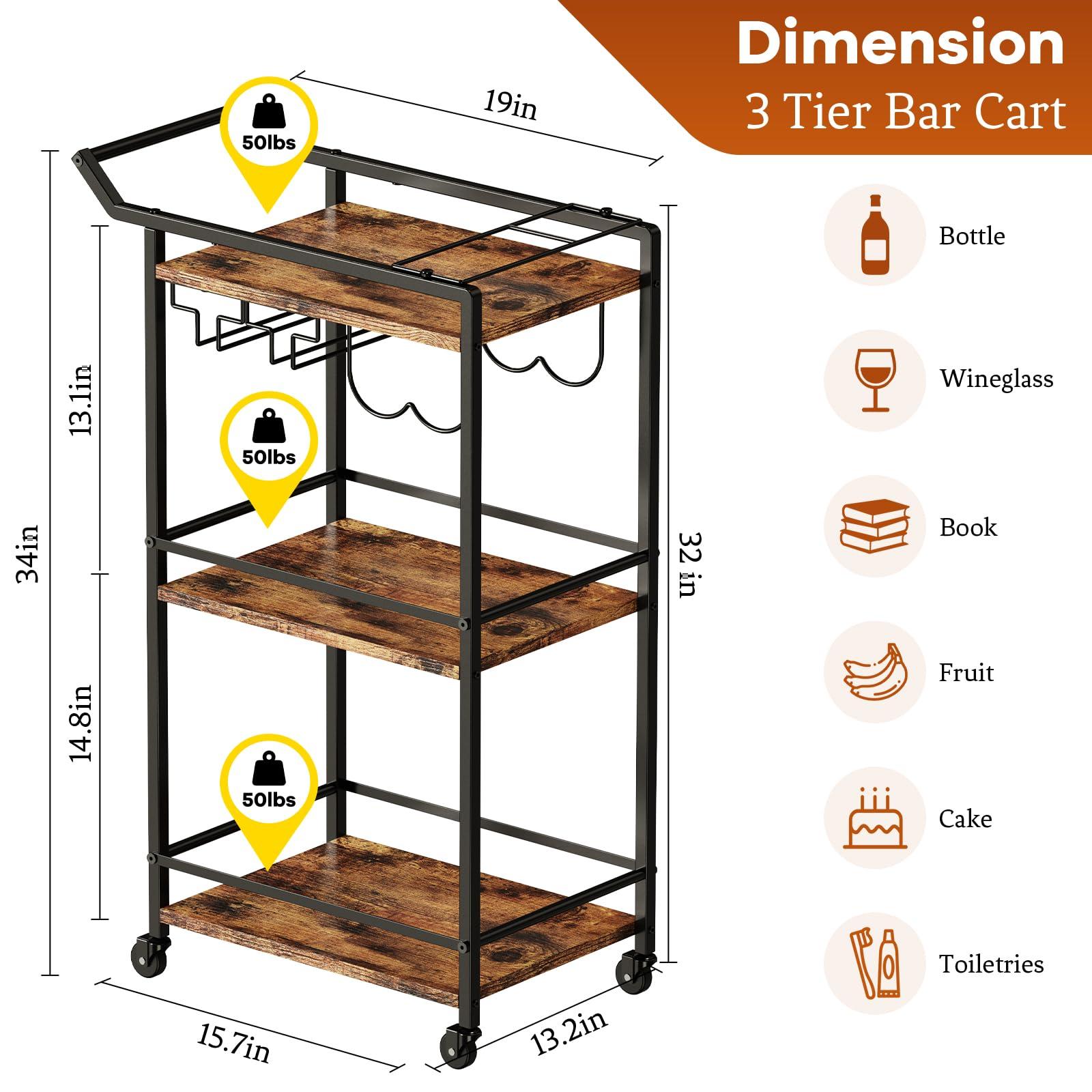 LOTEYIKE 3 Tier Bar Cart, Mini Liquor Utility Cart for Wine Beverage Dinner Party, Rolling Wine Coffee Drink Serving Cart with Lockable Wheels for Home Kitchen Bars (Rustic Brown) - Image 3