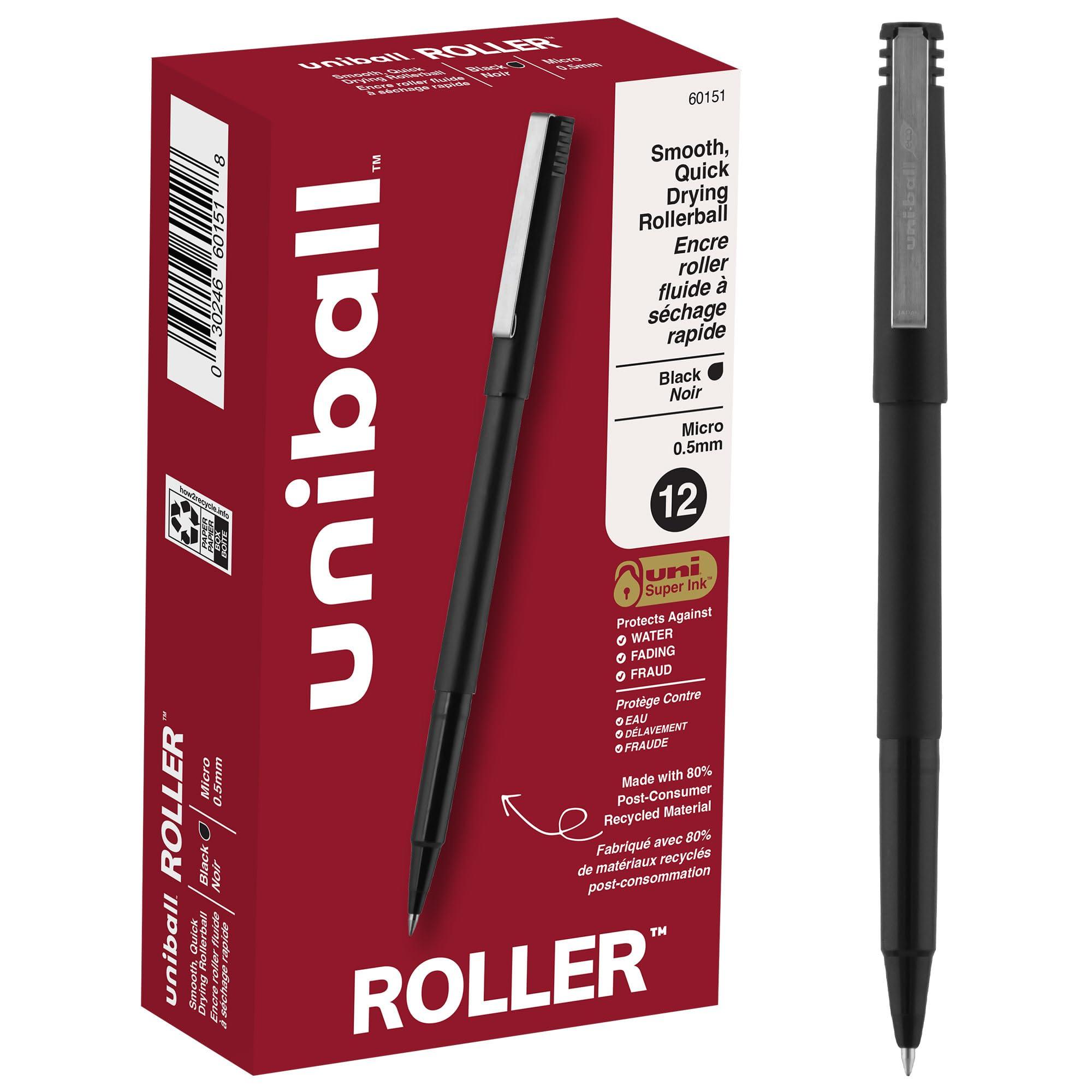 uniball Roller Ball Pen, Stick, Micro 0.5 Mm, Black Ink, Black Matte Barrel, Dozen