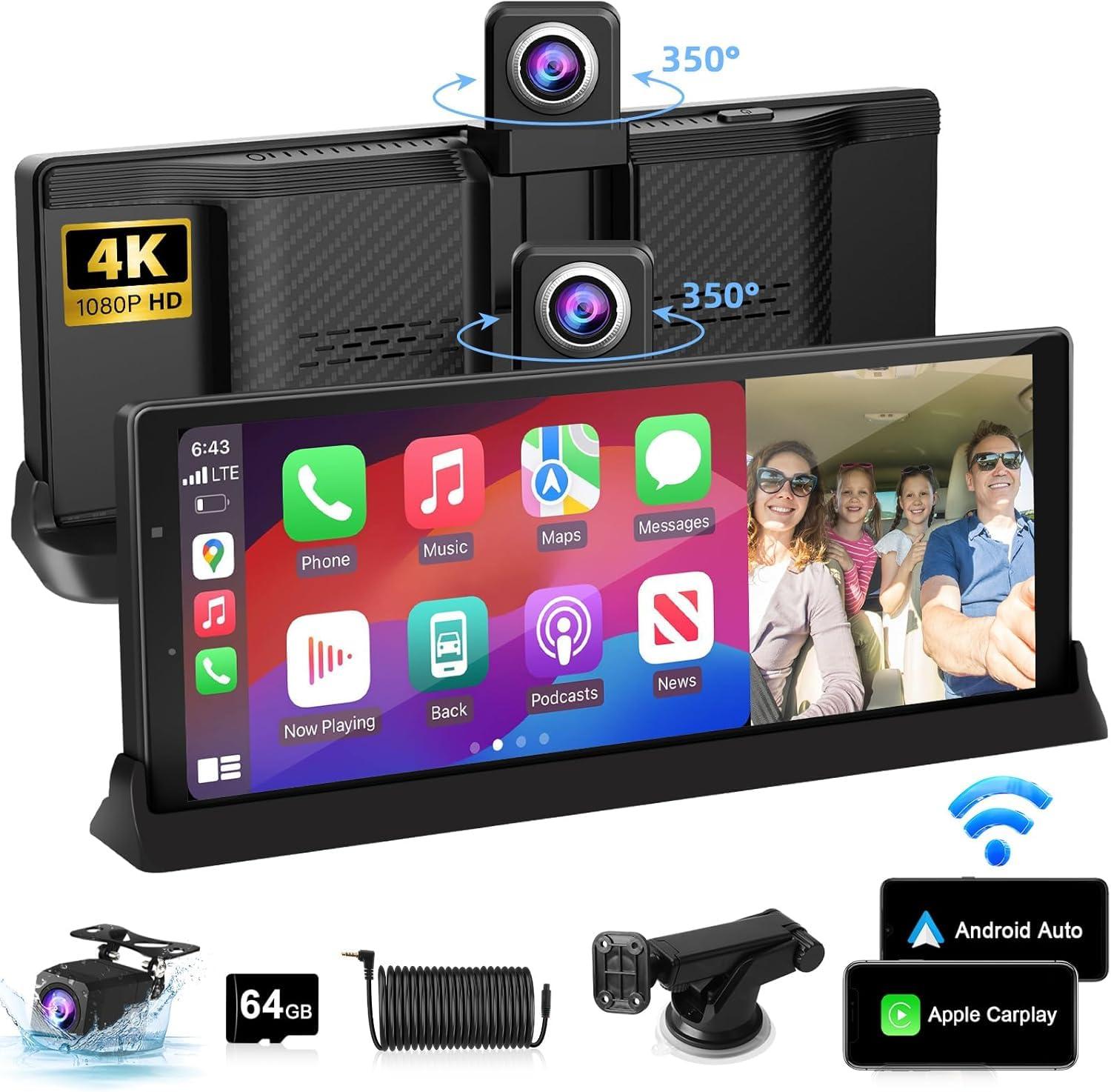 【350° Rotatable Lens】10.26''Wireless Apple CarPlay Screen for Car & 4K Dash Cam Portable Android Auto Car Stereo, Car Audio Receivers 1080P Backup Camera, Bluetooth/GPS Navigation/AirPlay/Googel/Siri