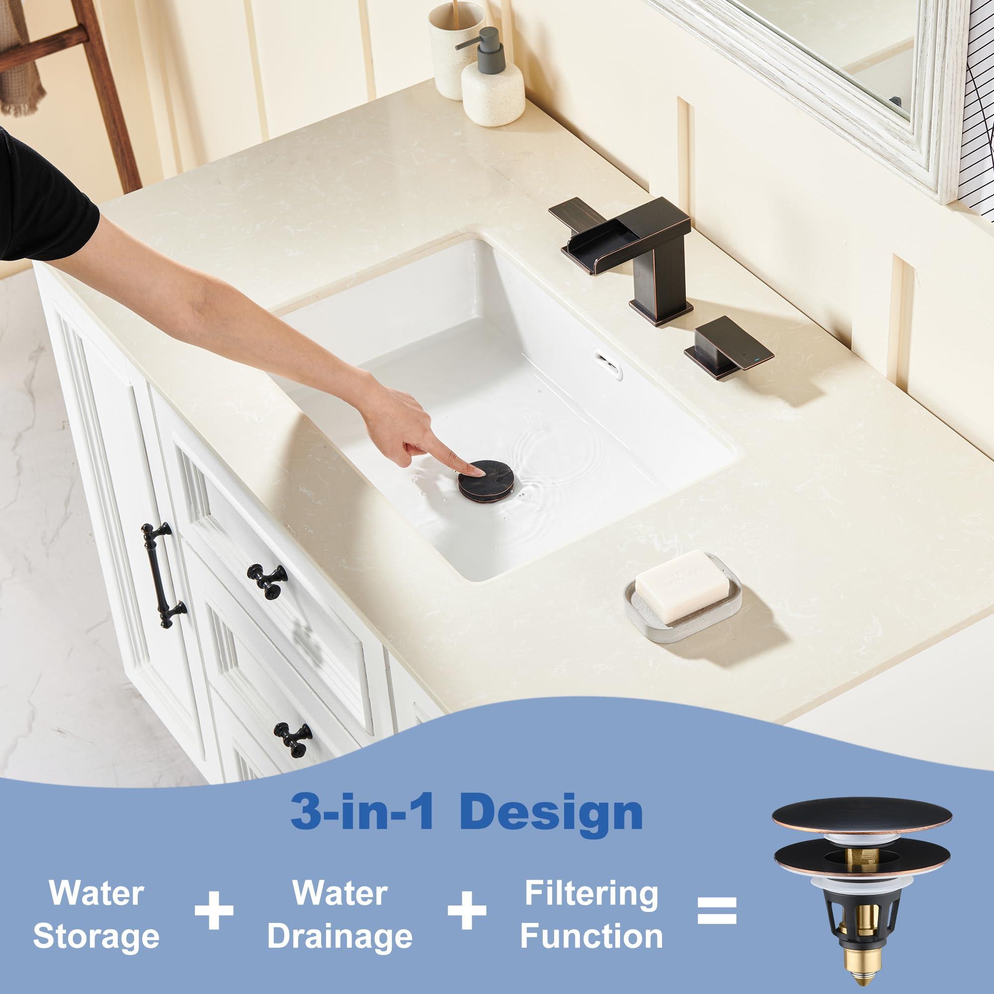 PerPaiMe Universal 3-in-1 Bathroom Sink Stopper - Pop Up Sink Drain Stopper, Push Button Sink Drain Stopper Replacement, Wash Basin Drain Filter Plug with Anti-Clogging Strainer, Oil Rubbed Bronze - Image 6