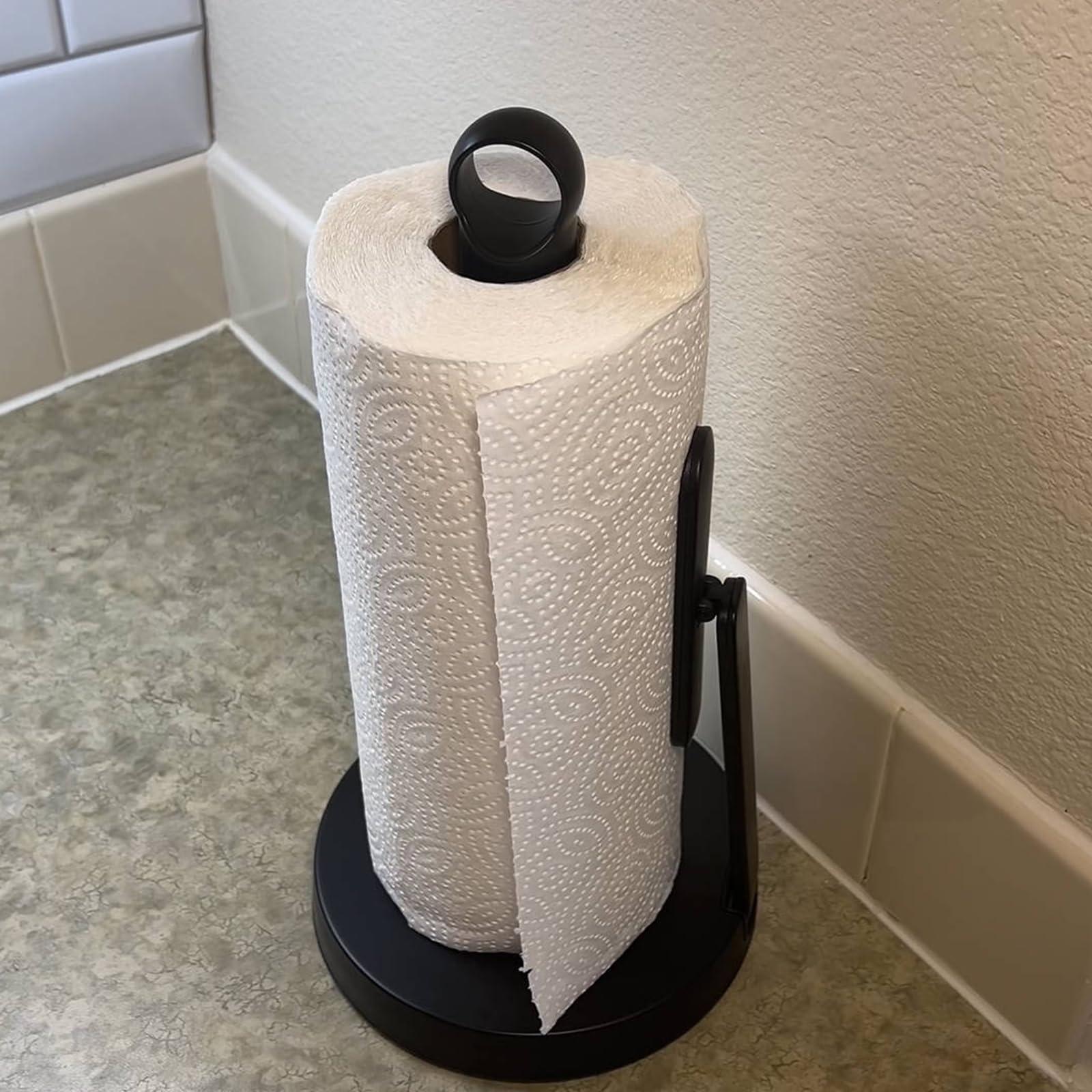 theaoo Heavy-Duty Stainless Steel Paper Towel Holder with Tension Arm – Easy One-Handed Tear, Modern Standing Countertop Dispenser for Kitchen, Holds All Paper Towel Rolls (1, Black) - Image 2