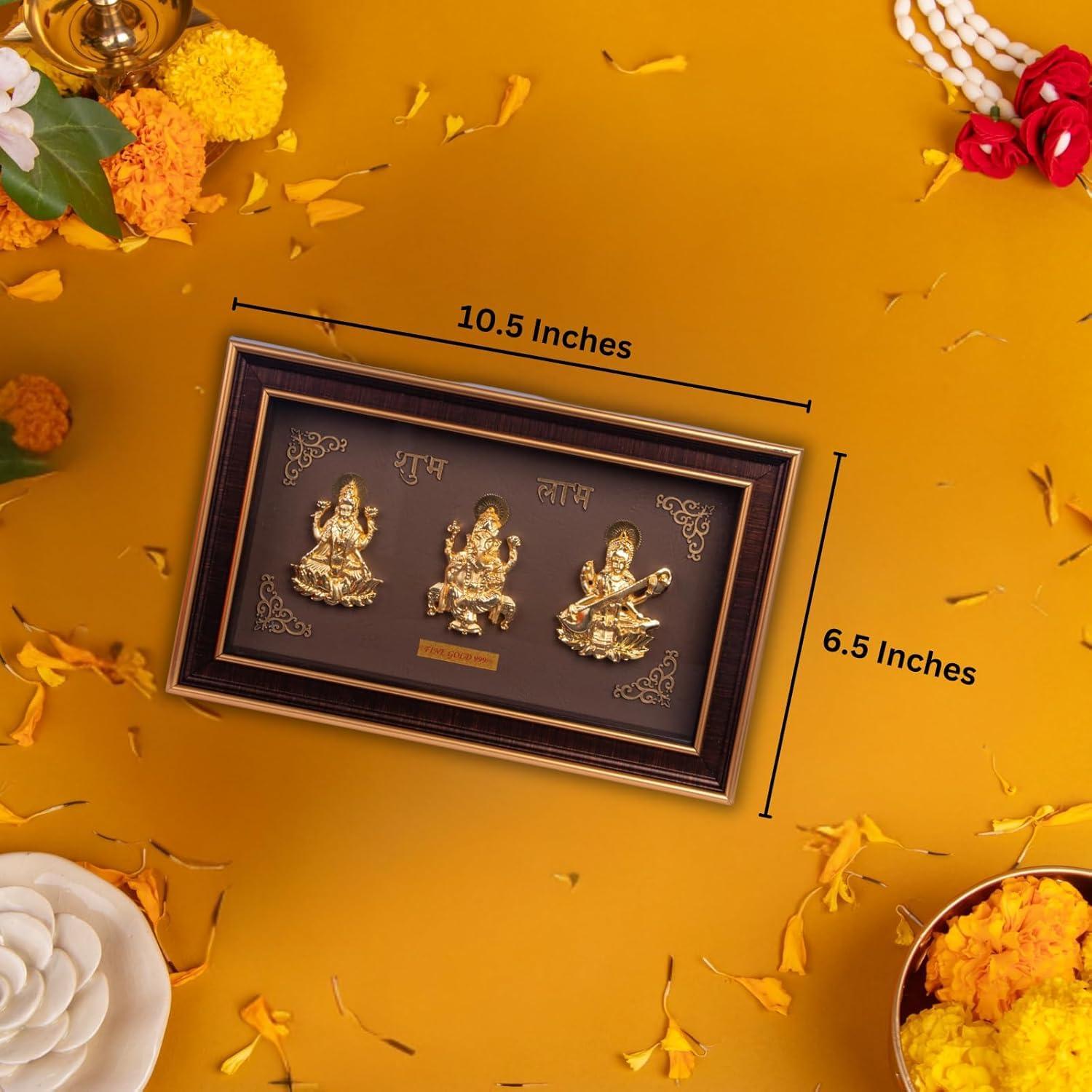 ZAARIYA Golden Lakshmi Ganesha Saraswathi - Trimurti Frame | Shubh Labh God Gold Plated Decorative Photo Frame | For Gifting, Home Decor, Table Decor and Temple or Pooja Room Decoration ( 10.5 x 6.5 Inches) - Image 2