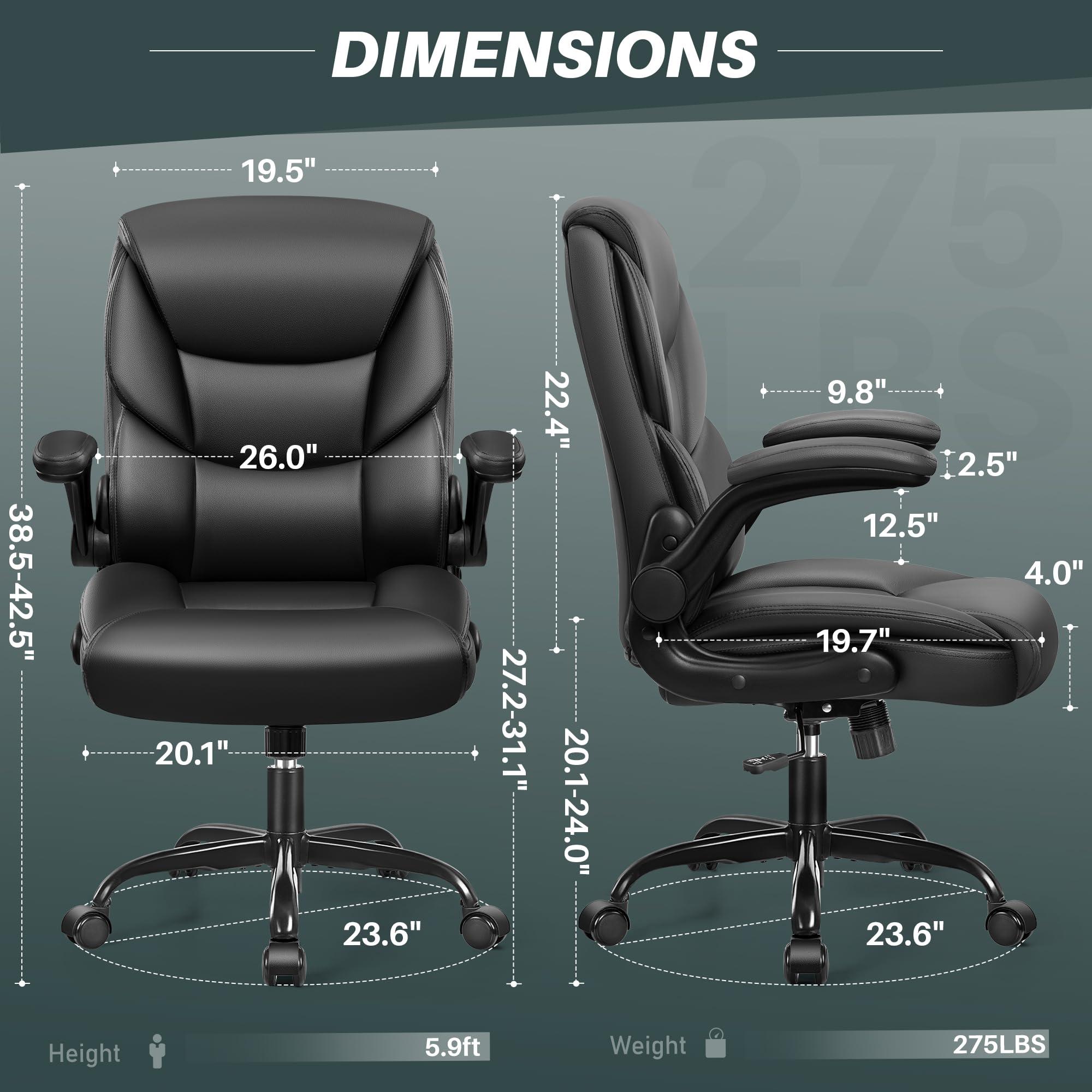 FelixKing Leather Office Chair - Small PU Ergonomic Desk Chair, Comfy Computer Chair with Wheels and Flip-up Armrests, Adjustable Height Mid Back Executive Office Chair for Short People-Black - Image 3