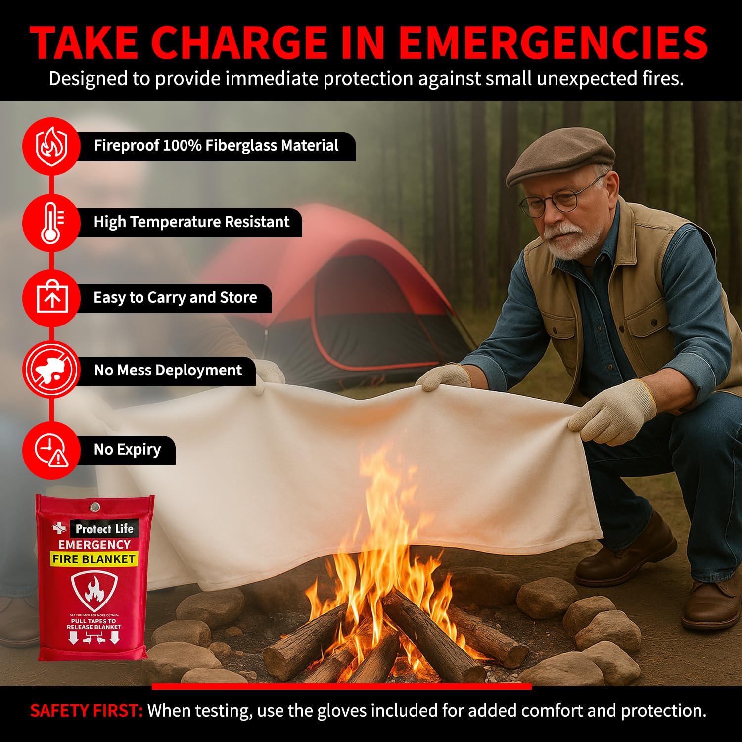 Protect Life Emergency Fire Blanket for Home & Kitchen, 40" x 40" Fiberglass Flame Retardant Fabric for Cooking & Clothing Mishaps, Fire Blankets Emergency for Home Safety, Camping & More (4 Pack) - Image 7