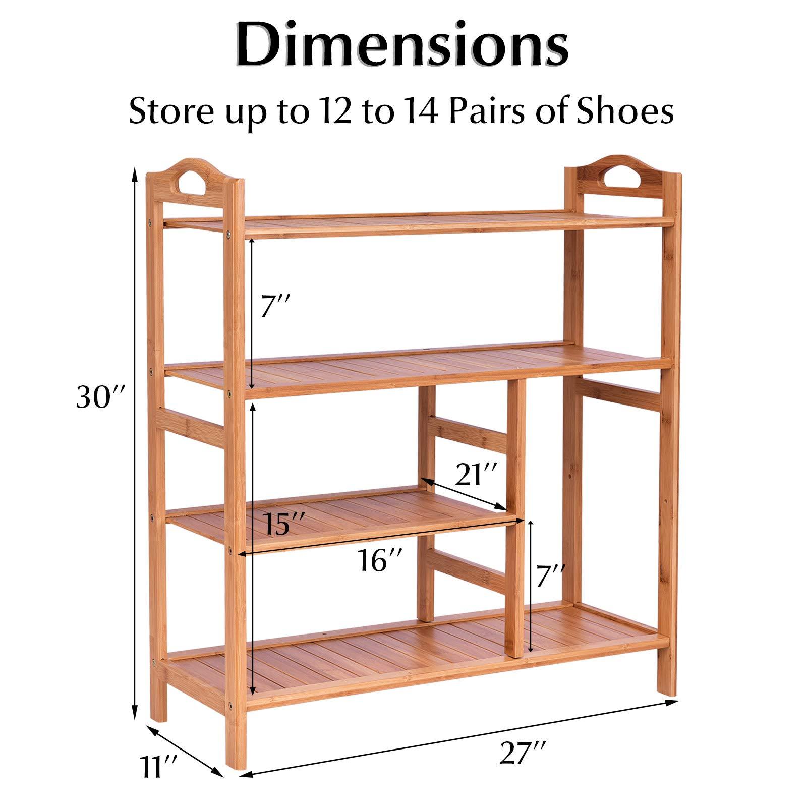 BETTARY 4-Tier Bamboo Shoe Rack, Shoe Shelf Organizer Holds up to 44LBS with Two Rounded Handle for Entryway Kitchen Living Room Closet, Multifunctional Stand Shelf for Footwear Book Flowerpots - Image 3