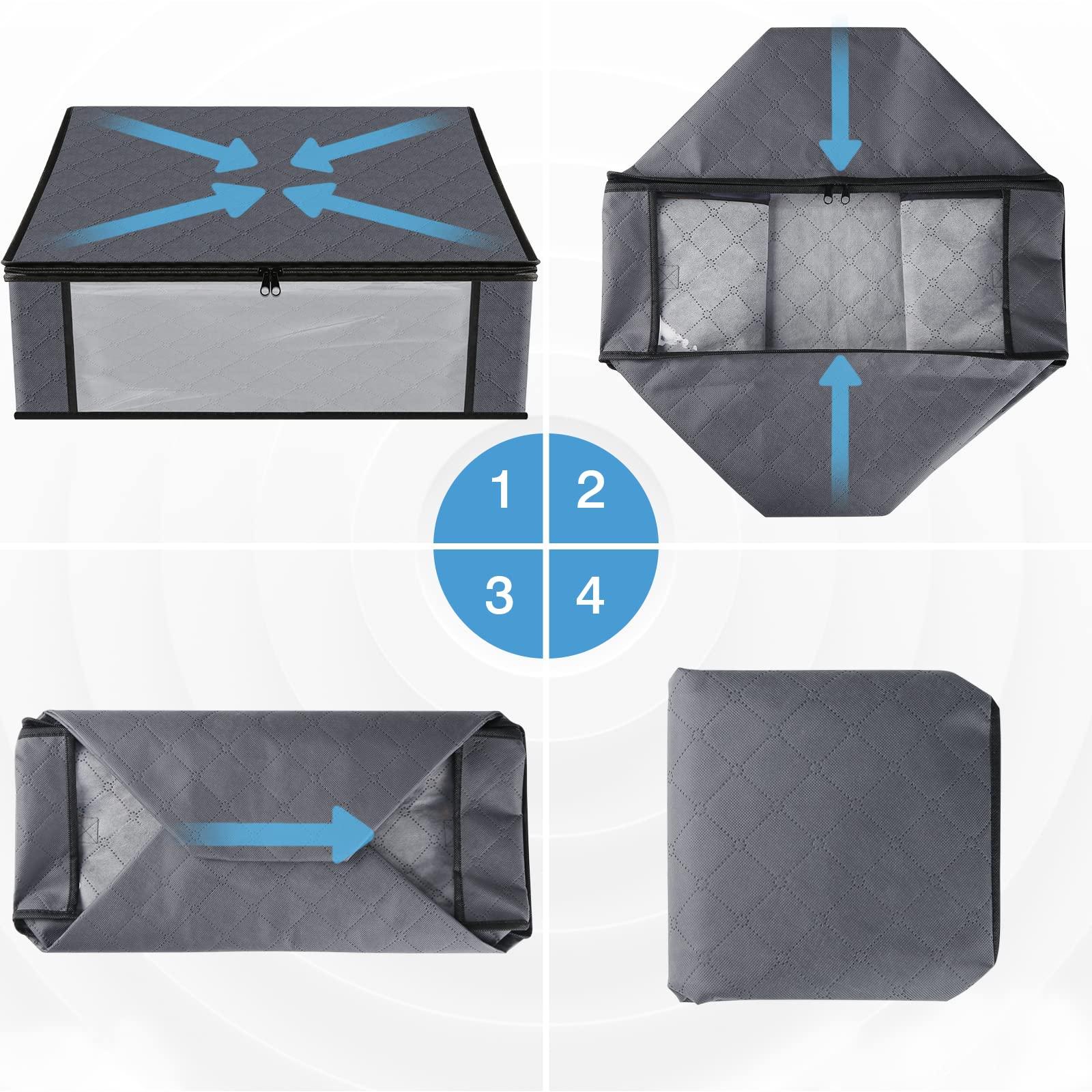 HomeHacks Storage 3-Pack Clothes Organizer Storage Bags Foldable Storage Box with Large Clear Window Sturdy Handles for Closet, Dorm, Pillows, Bedding, Clothes, Blankets, 35L, Gray - Image 7