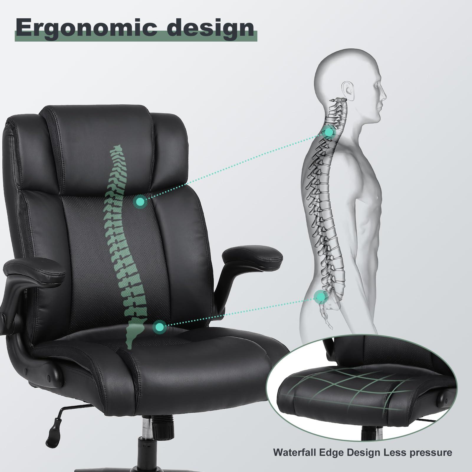 Ermnois Executive Office Chair with Thicken Flip-up Armrest, Ergonomic Home Office Desk Chair with Lumbar Support, Upholstered Leather Mid-Back Computer Gaming Chair for Home/Office, Black - Image 5