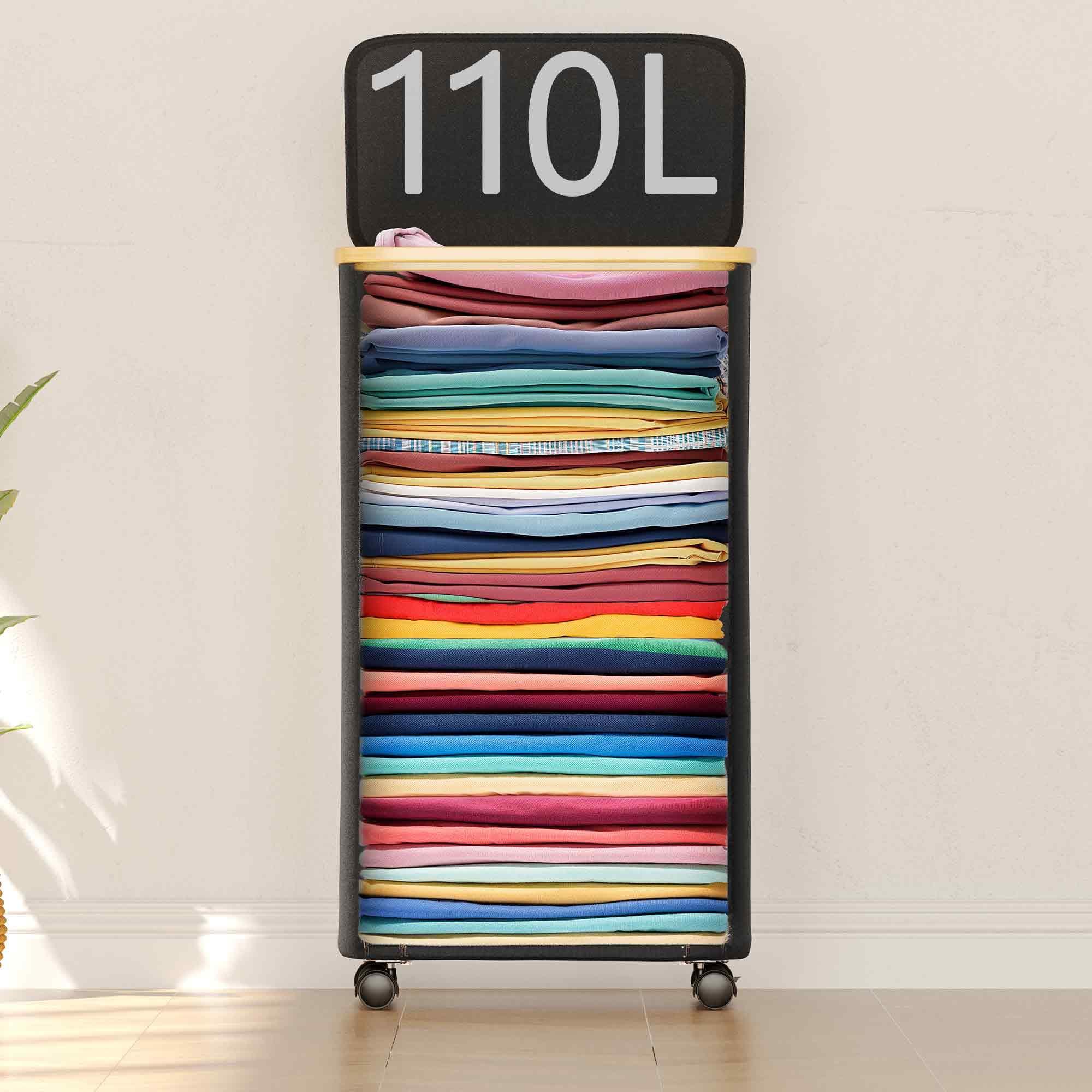 SUOCO Laundry Hamper on Wheels 100L, Clothes Basket with Lid and Bamboo Handles, Foldable Laundry Hamper for Bedroom, Bathroom, Dorm, Laundry Room - Black - Image 4