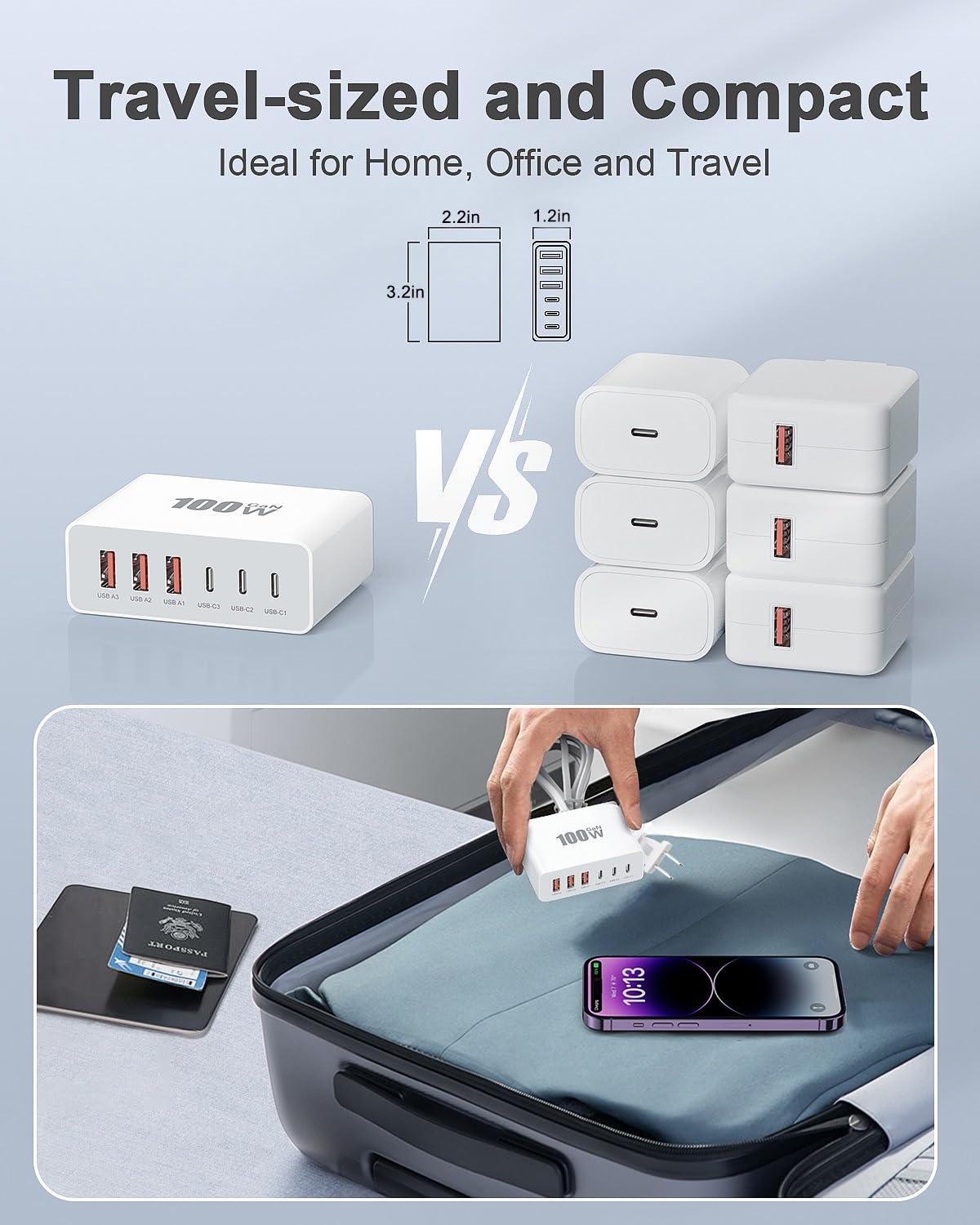 USB C Charger Block, 100W GaN Fast Charging Blocks USBC Charger 6 Port Charging Station Hub Brick Cube, USB-C Wall Charger Type C Adapter Plug for iPhone 16 15 14 13 12 11 Pro Max, Samsung, 5FT Cord - Image 5