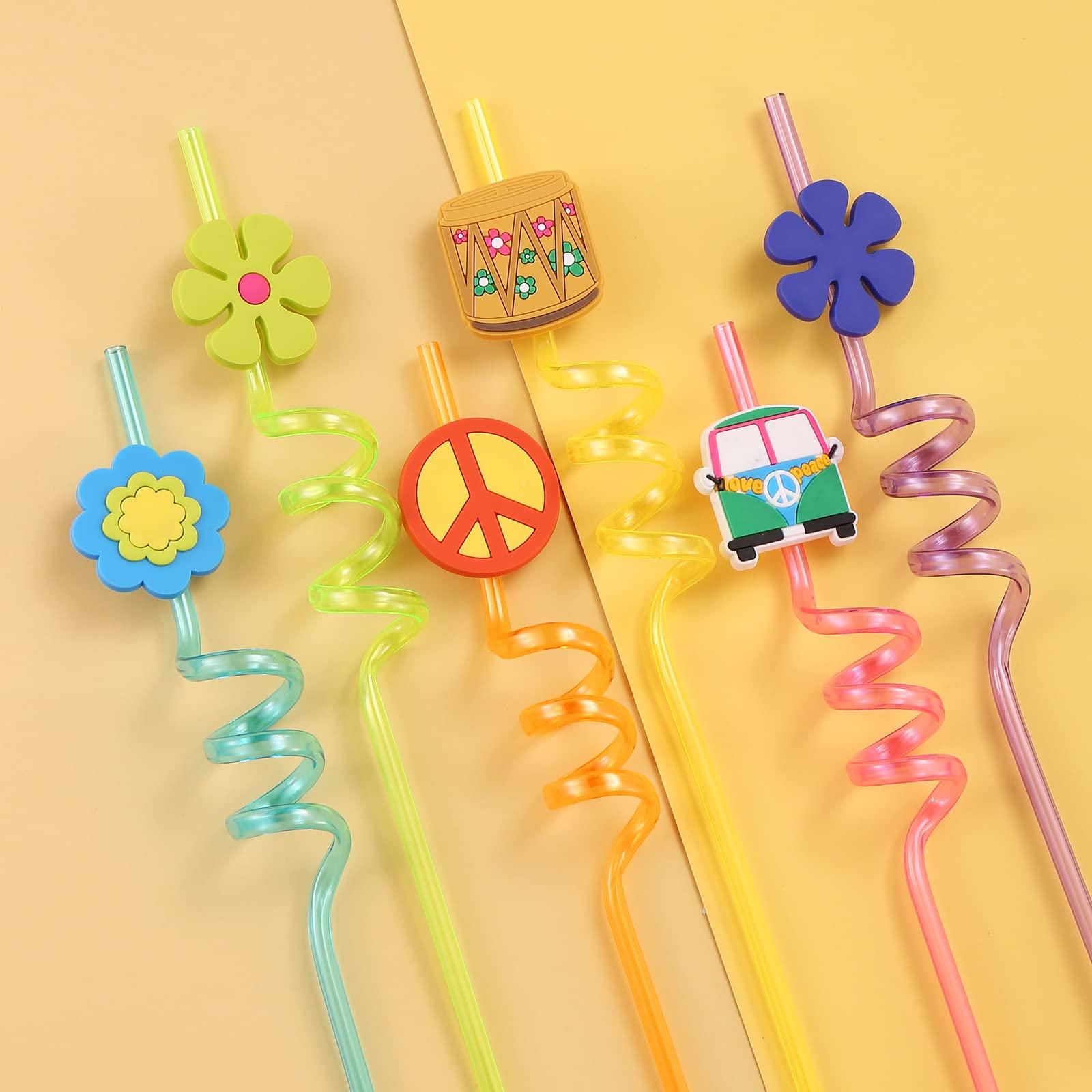 24 60's Hippie Theme Party Favors Retro Flower Cutouts Peace Drinking Straws for 60s Groovy Party Supplies Tie Dye Birthday Party Supplies with 2 PCS Straws Cleaning Brush - Image 3