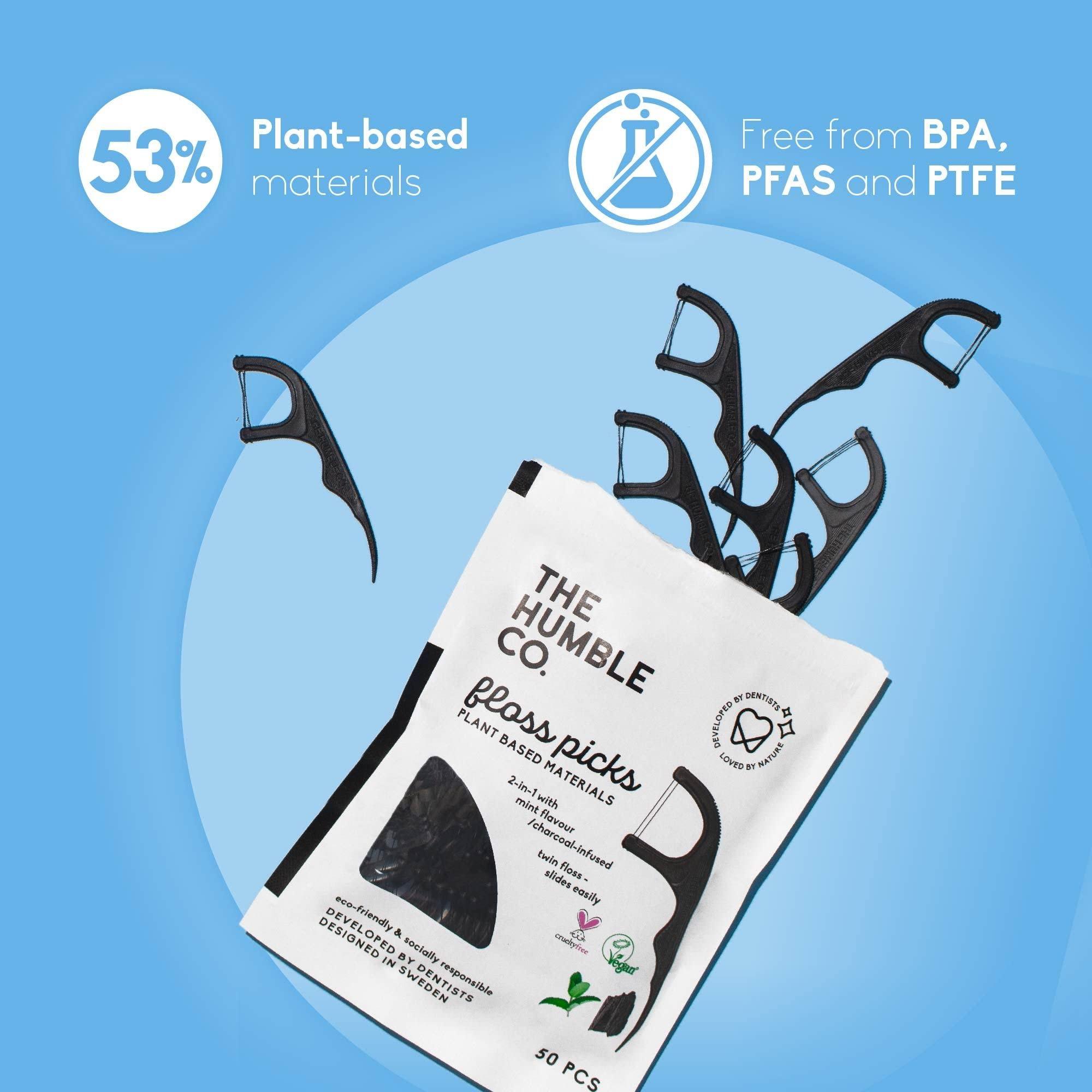 The Humble Co. Floss Picks (200 Count) – Plant Based Dental Floss Picks for Superior Oral Care, Dental Hygiene, and Gum Health, Cruelty Free Tooth Floss Picks (Charcoal, Double Thread) - Image 4